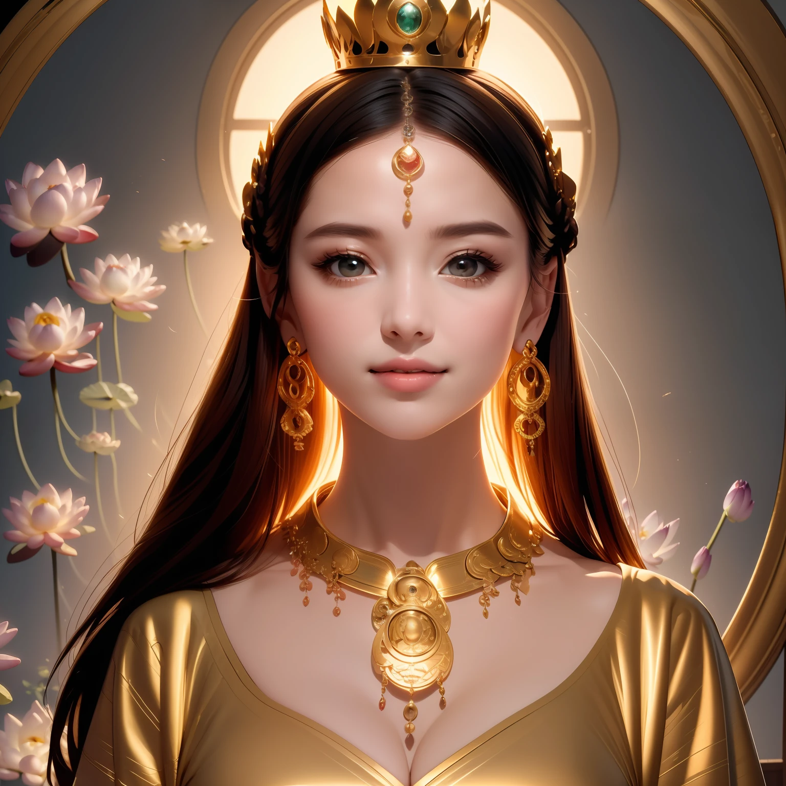 1 goddess Bodhisattva, smile at the corners of her mouth, gorgeous flowing hair, portrait, (smooth and natural skin), hair hanging down the shoulders, gold crown, necklace, lingluo, sitting on a lotus flower. Round light, glowing light, decoration, Alphonse Mucha, (realistic: 1.4), complex, detailed, (good anatomy, good proportions, good composition, award-winning, best quality, masterpiece: 1.45), good highlights, good shadows, volumetric lighting, light theme, (mature adults: 1.3), ultra high definition,