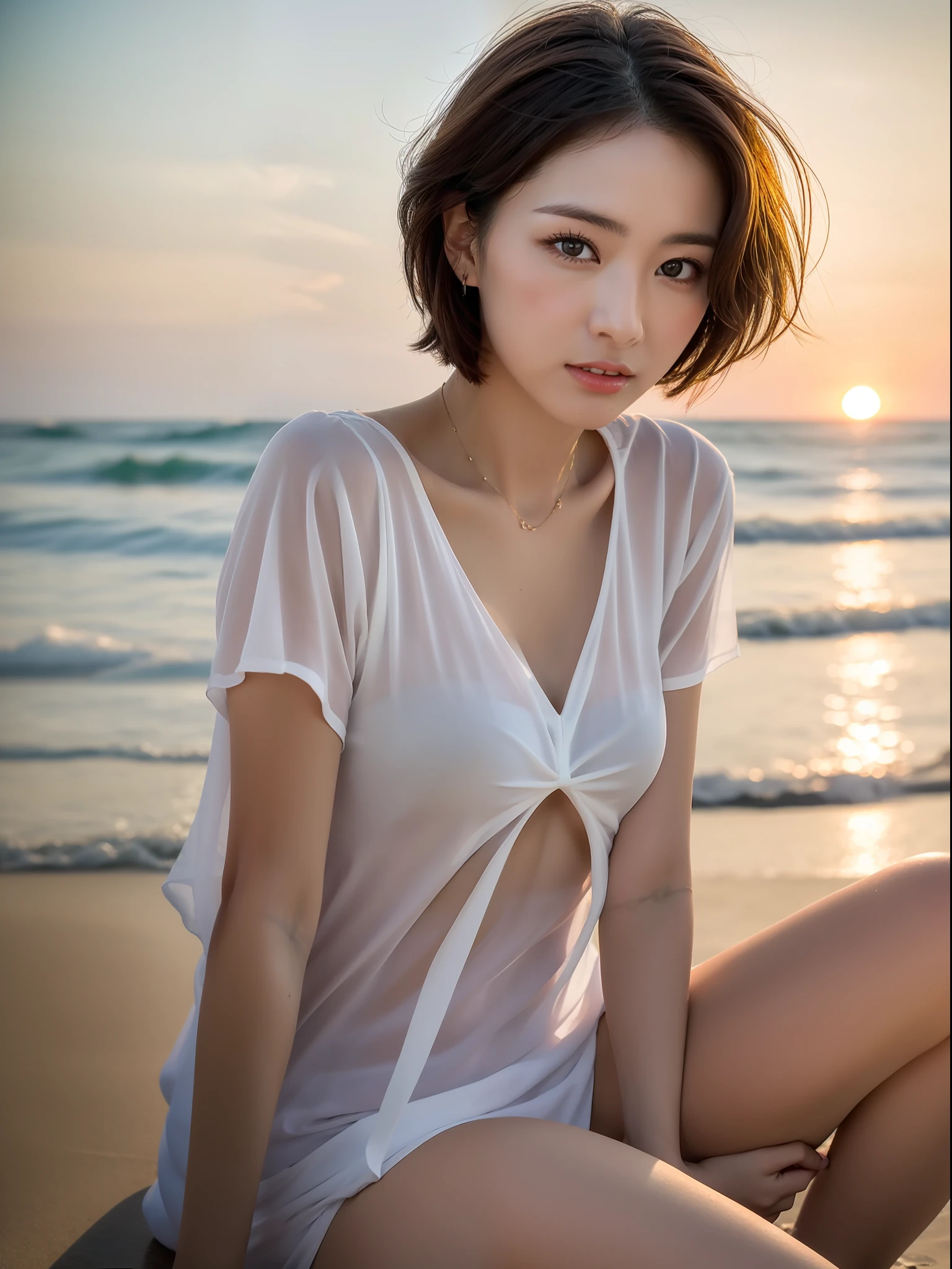((top quality, 8k, masterpiece: 1.3, raw photo)), Sharp Focus: 1.2, (1 aespa girl: 1.2), (Realistic, Photorealistic: 1.37), (face focus: 1.1), cute face, tenderness, small breasts, flat breasts, short messy hair, white shirt, beautiful woman sitting by the seaside at sunset, sunlight, movie lighting