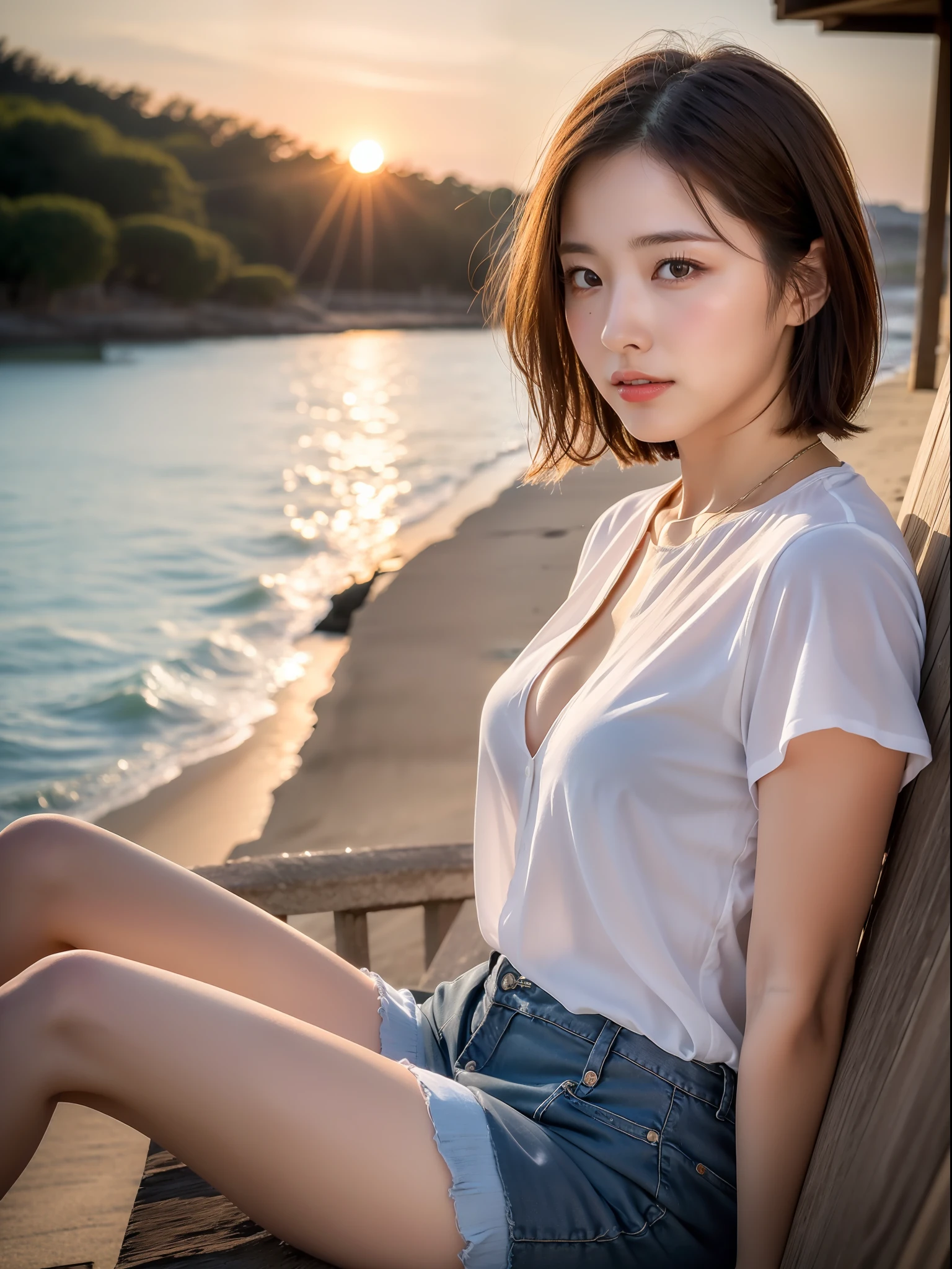 ((top quality, 8k, masterpiece: 1.3, raw photo)), Sharp Focus: 1.2, (1 aespa girl: 1.2), (Realistic, Photorealistic: 1.37), (face focus: 1.1), cute face, tenderness, small breasts, flat breasts, short messy hair, white shirt, beautiful woman sitting by the seaside at sunset, sunlight, movie lighting