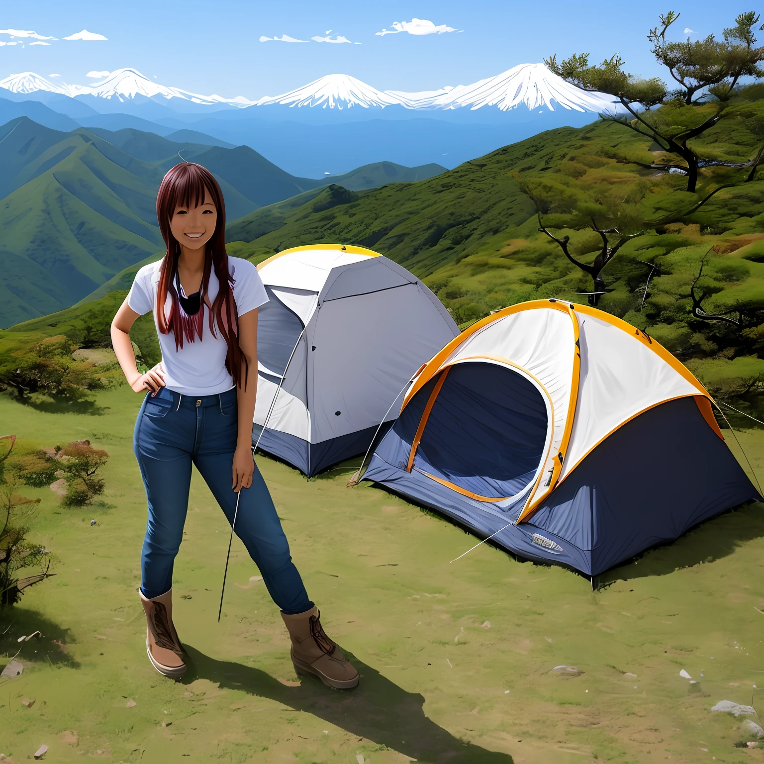 Girls who like mountain climbing, Japan people, in jeans, campsite --auto