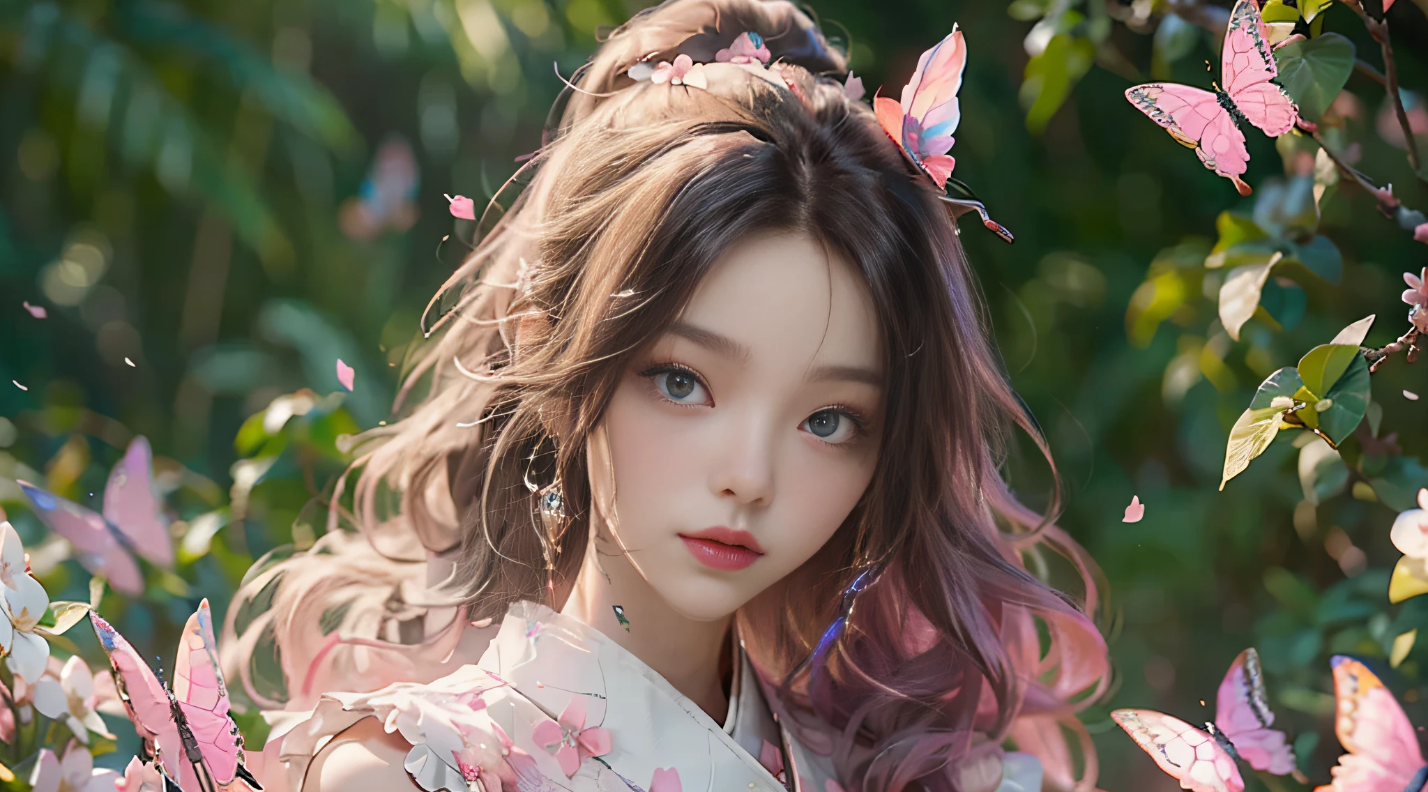 ((Best Quality)), ((Masterpiece)), (Detail: 1.4), 3D, Beautiful Cyberpunk Female Image, HDR (High Dynamic Range), Ray Tracing, NVIDIA RTX, Super Resolution, Unreal 5, Subsurface Scattering, PBR Texture, Post-Processing, Anisotropic Filtering, Depth of Field, Maximum Sharpness and Sharpness, Multi-layer Texture, Albedo and Highlight Mapping, Surface Coloring, Mitsu-Accurate Simulation of Material Interactions, Perfect Proportions, Octane Rendering, Two-color Light, Large Aperture, Low ISO, white balance, regular three-point, 8K RAW, beautiful bright pupils, flowing robe, fine pupils, delicate face and eyes, long eyelashes, blush, fluffy hair, pink lips, pure, cute, cherry blossom petals falling, butterfly