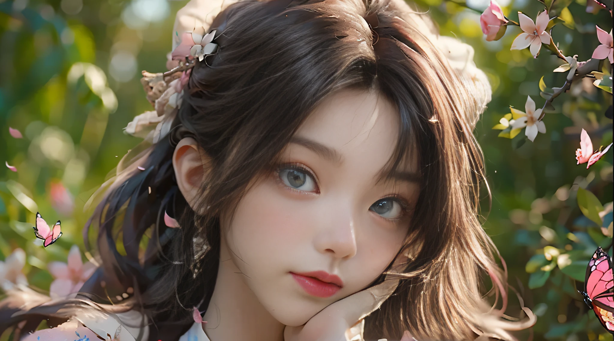 ((Best Quality)), ((Masterpiece)), (Detail: 1.4), 3D, Beautiful Cyberpunk Female Image, HDR (High Dynamic Range), Ray Tracing, NVIDIA RTX, Super Resolution, Unreal 5, Subsurface Scattering, PBR Texture, Post-Processing, Anisotropic Filtering, Depth of Field, Maximum Sharpness and Sharpness, Multi-layer Texture, Albedo and Highlight Mapping, Surface Coloring, Mitsu-Accurate Simulation of Material Interactions, Perfect Proportions, Octane Rendering, Two-color Light, Large Aperture, Low ISO, white balance, regular three-point, 8K RAW, beautiful bright pupils, flowing robe, fine pupils, delicate face and eyes, long eyelashes, blush, fluffy hair, pink lips, pure, cute, cherry blossom petals falling, butterfly