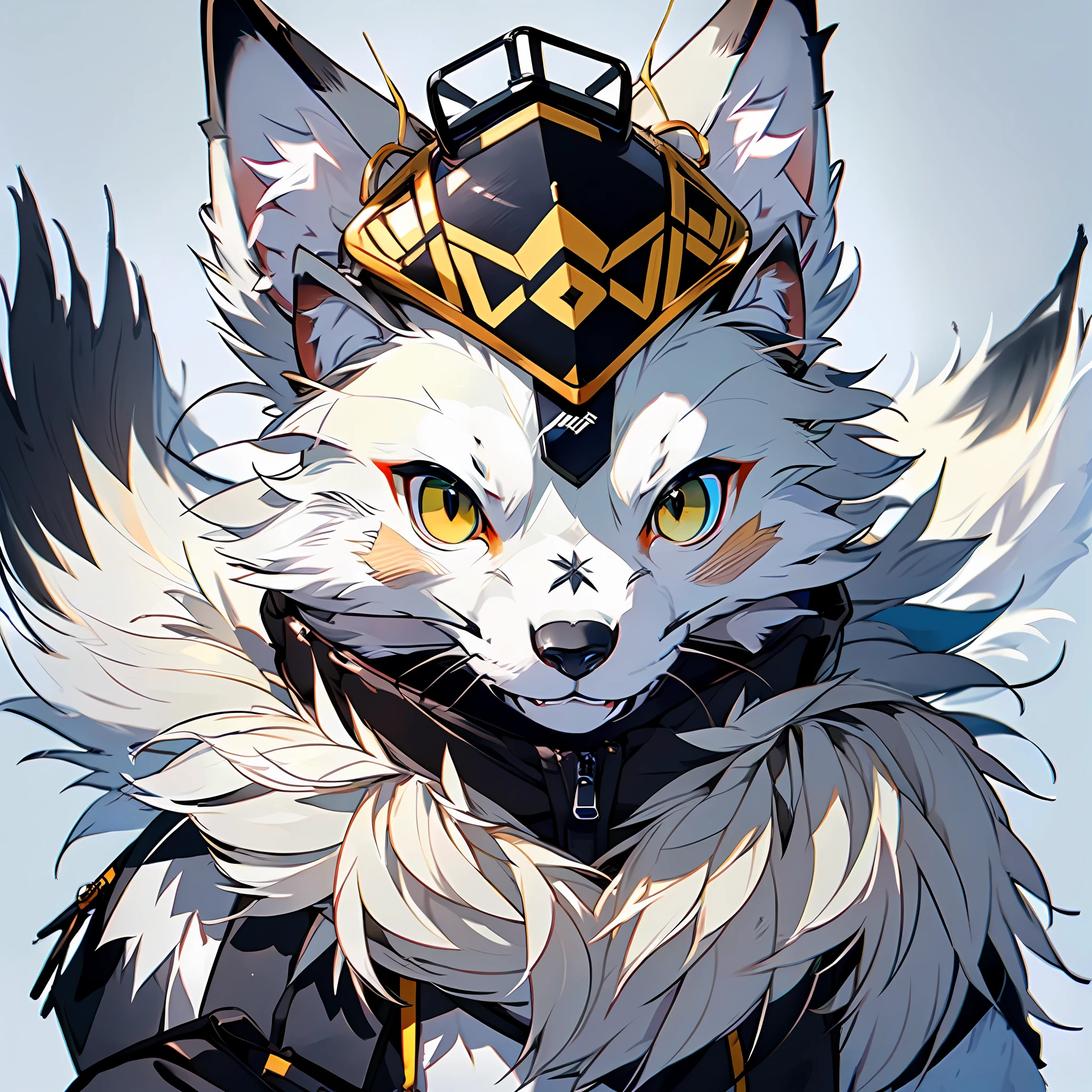 high detail, hyper quality, high resolution, 1080P, ((solo))), furry, (male arctic fox: 1.5), (gray fur: 1.3), gray skin, gray ears, golden eyes, sharp claws, (fluffy tail: 1.2), (wearing dark blue police uniform)), (wearing a bulletproof helmet))