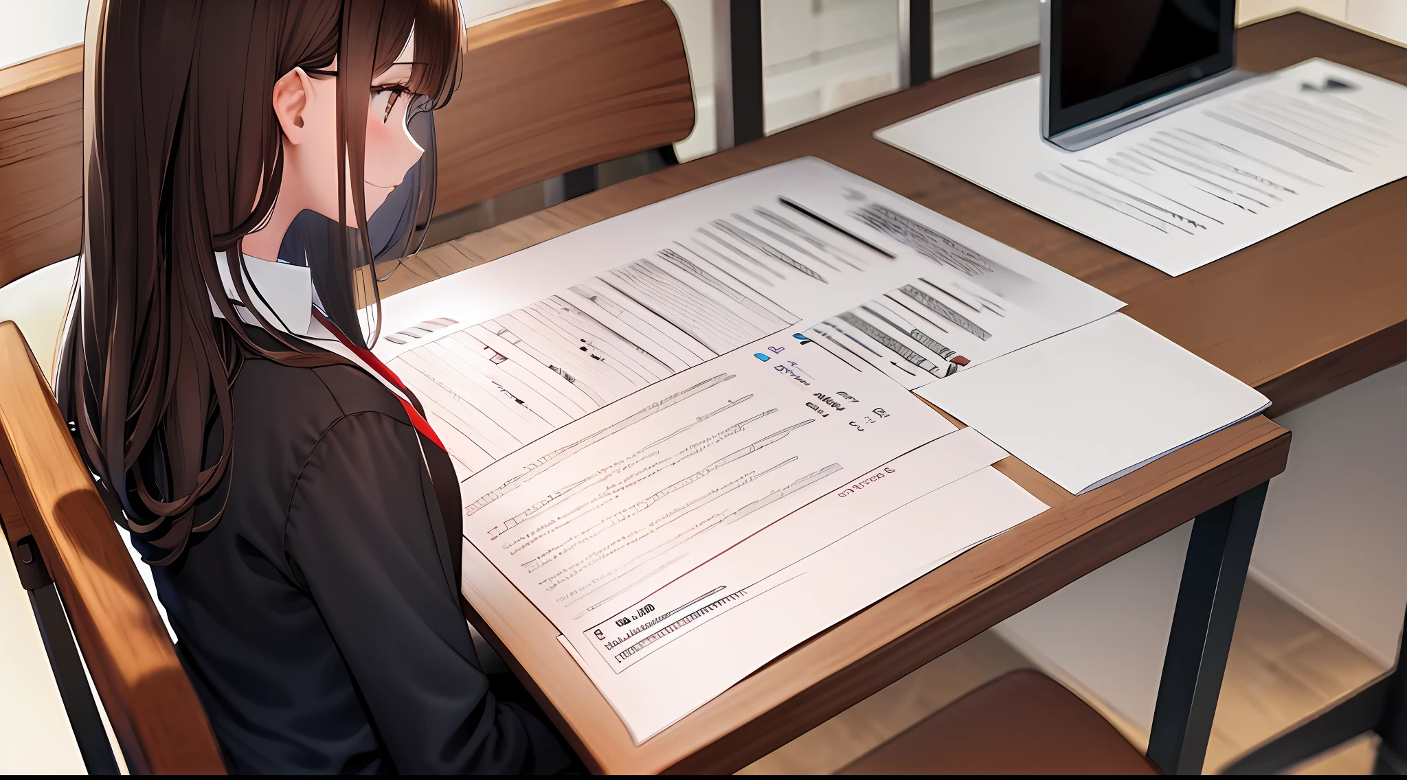 masterpiece, best quality, high resolution, one girl, shirt, girl sitting in chair studying drafting at desk, horizontal angle, studying, paperwork, brown hair, good luck studying