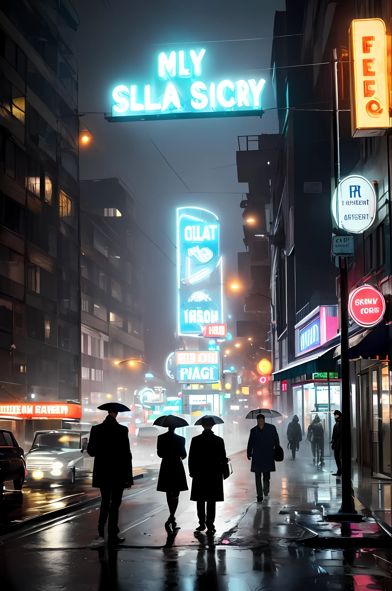 A rain-soaked city street, slick with the reflection of neon signs, the only source of light in an otherwise dark and mysterious scene. Long shadows stretch across the pavement as silhouettes of trench-coated figures move through the fog, hinting at secret meetings and hidden agendas.