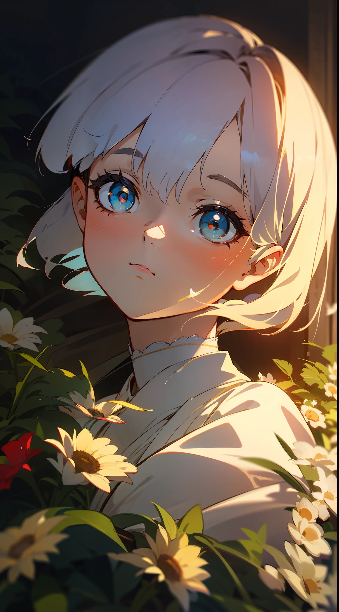 Cinematic Effects, Fancy Effects, Intricate Details, Solo, 1 Maiden, (2D + Crooked Bob: 1.2), Delicate Eyes, Dress, Garden, (Face Close-up: 1.0), Ultra Wide Angle Lens, Sunlight, Light and Shadow, Devotion, Holiness, Chin,, Afternoon ,,,, Quiet, Long Hair