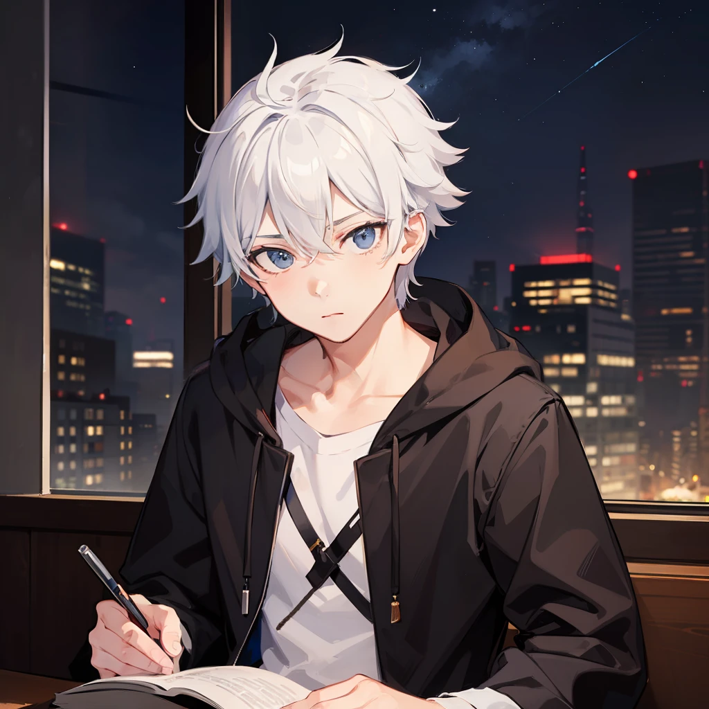 masterpiece, best quality, illustration, 1boy, expressionless, night sky, cute, wizard, spiked hair, white hair, sit