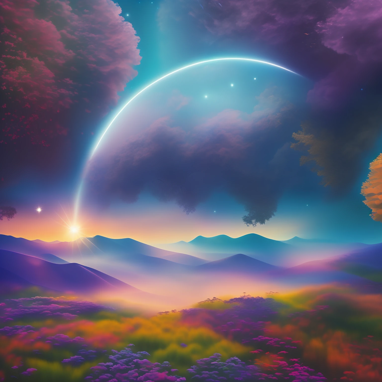 An ethereal dreamscape unfolding, bathed in celestial light, a sublime masterpiece that transcends reality. This mind-bending image captures the essence of wonder and has garnered global acclaim among leading art communities