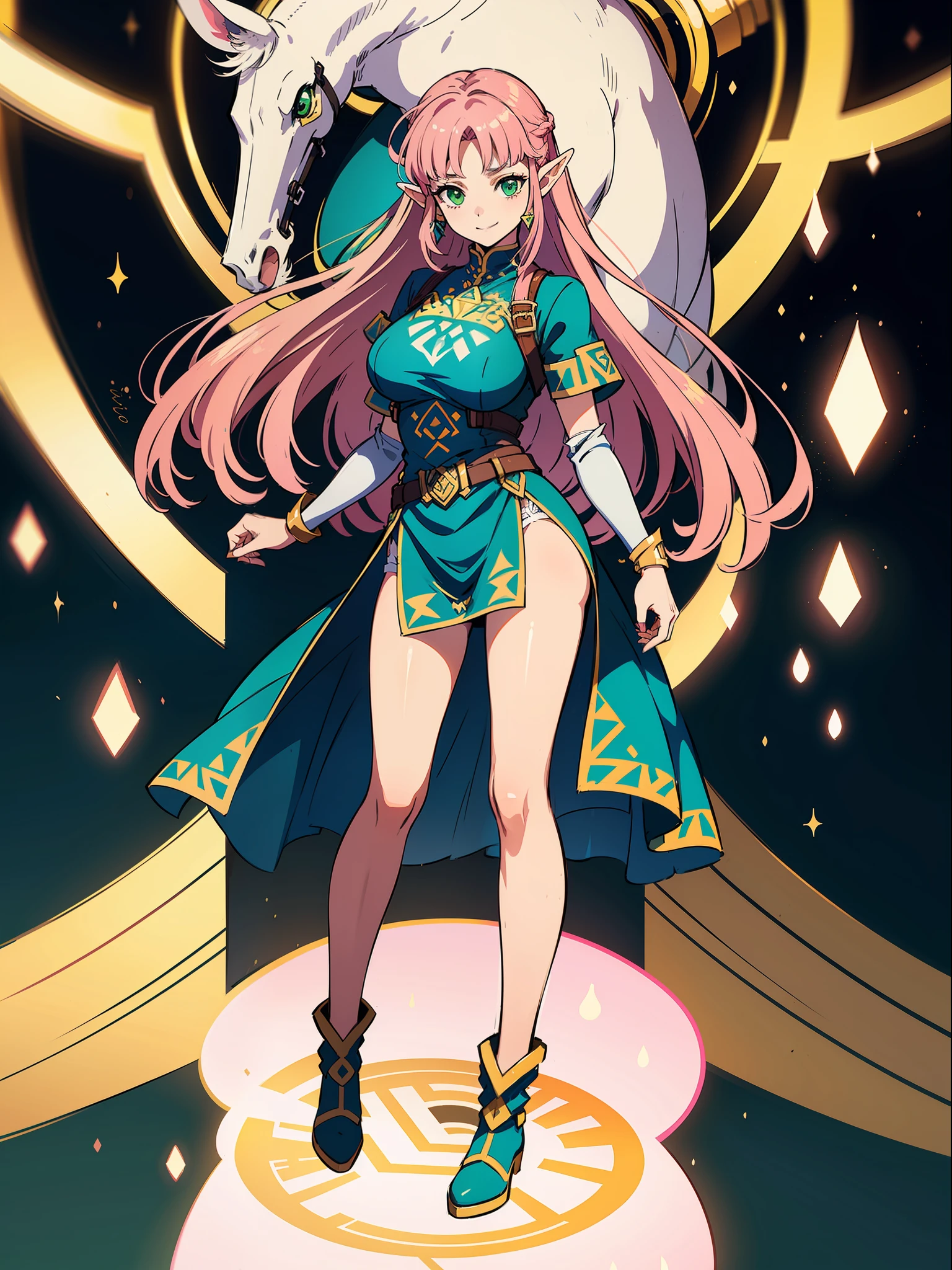 ((Full body, standing):1.2), Only the ((Princess Zelda):1.2): ((wearing Seiya of Pegasus Knight's bronze armor):1.2), she has ((pink short mohawk hair, green eyes):1.2), she has ((extremely large breasts):1.2), is looking at the viewer, is smiling, she is making erotic poses for the viewer; She is in the temple of Athena it's raining hard, saint seiya, anime, Hyperrealism, Hyperrealism, 16k, ((high quality, high details):1.4), UHD, masterpiece