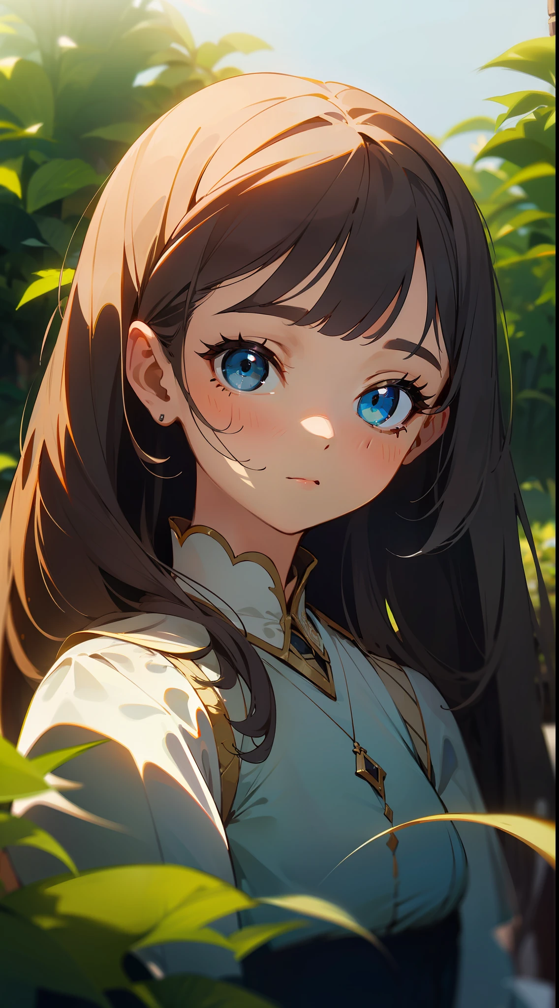 Cinematic Effects, Fancy Effects, Intricate Details, Solo, 1 Maiden, (2D + Crooked Bob: 1.2), Delicate Eyes, Dress, Garden, (Face Close-up: 1.0), Ultra Wide Angle Lens, Sunlight, Light and Shadow, Devotion, Holiness, Chin,, Afternoon ,,,, Quiet, Long Hair