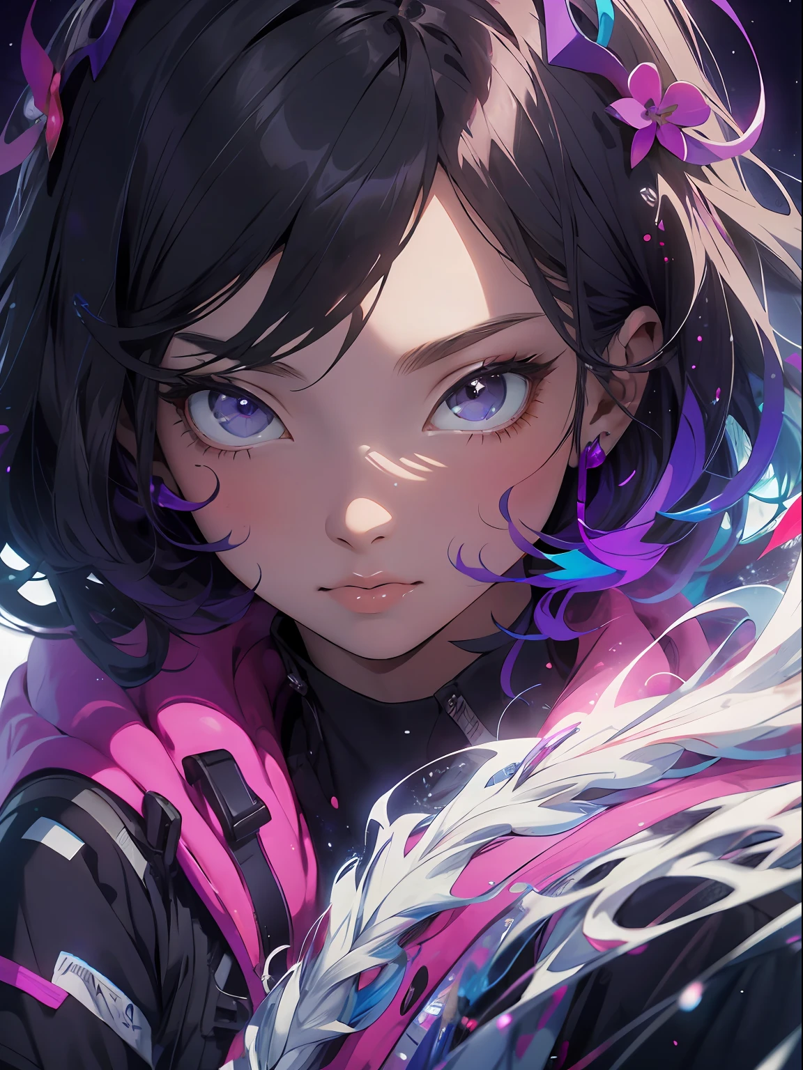 Realistic, (Masterpiece, Superior Quality, Best Quality, Official Art, Beauty and Aesthetics: 1.2), (cartoon anime style) Very Detailed, Fractal Art, Colorful, purple color palette. More Detailed, Zentangle, (Abstract Background: 1.5) (1girl: 1.3), Goddess, Black Hair, Short Hair, (Bright Violet Eyes), Mysterious, (Magic), (Technology), Pretty Girl, Black Clothes.