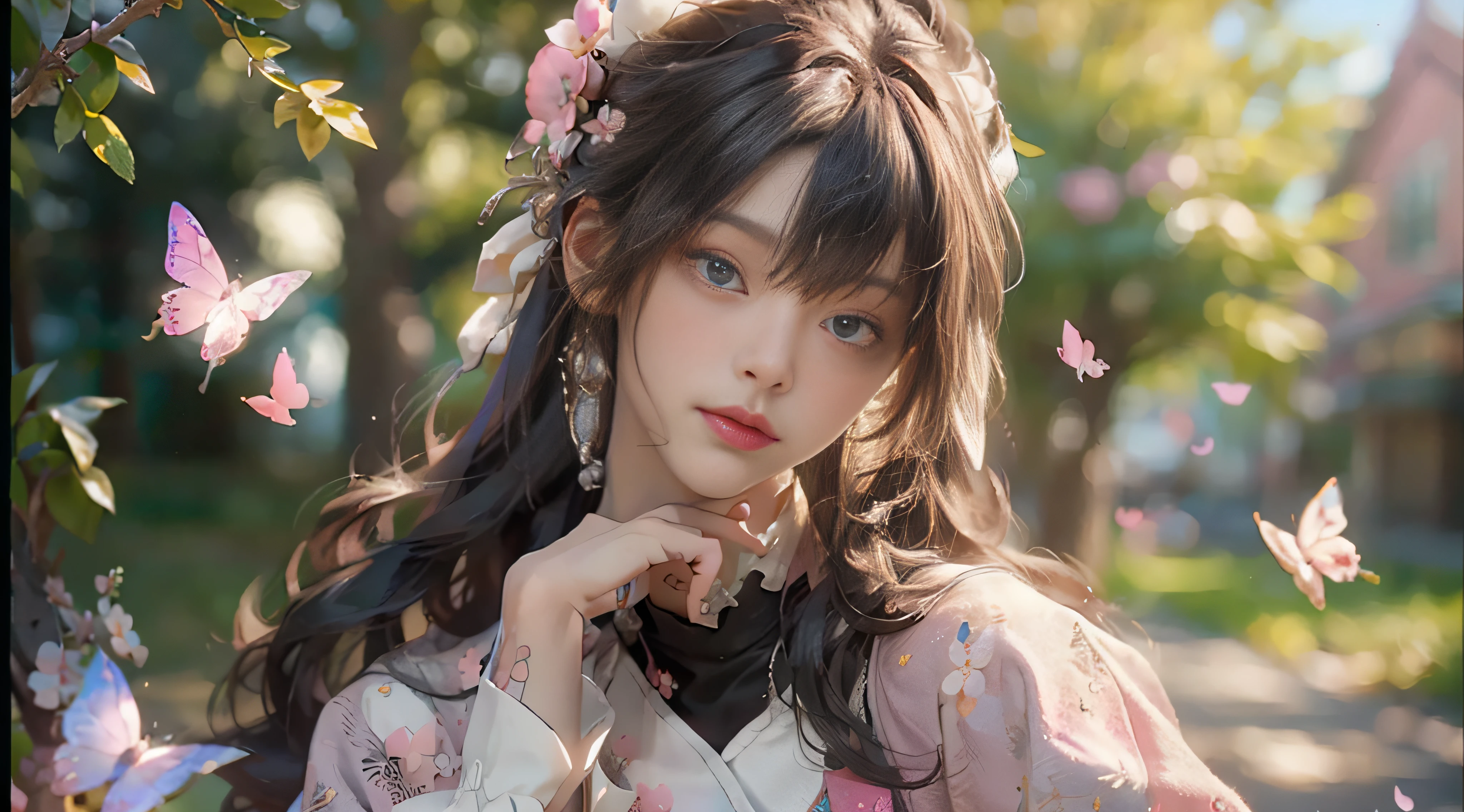 ((Best Quality)), ((Masterpiece)), (Detail: 1.4), 3D, Beautiful Cyberpunk Female Image, HDR (High Dynamic Range), Ray Tracing, NVIDIA RTX, Super Resolution, Unreal 5, Subsurface Scattering, PBR Texture, Post-Processing, Anisotropic Filtering, Depth of Field, Maximum Sharpness and Sharpness, Multi-layer Texture, Albedo and Highlight Mapping, Surface Coloring, Mitsu-Accurate Simulation of Material Interactions, Perfect Proportions, Octane Rendering, Two-color Light, Large Aperture, Low ISO, white balance, regular three-point, 8K RAW, beautiful bright pupils, flowing robe, fine pupils, delicate face and eyes, long eyelashes, blush, fluffy hair, pink lips, pure, cute, sweet girl, cherry blossom petals falling, butterflies, casual wear, high-end sense