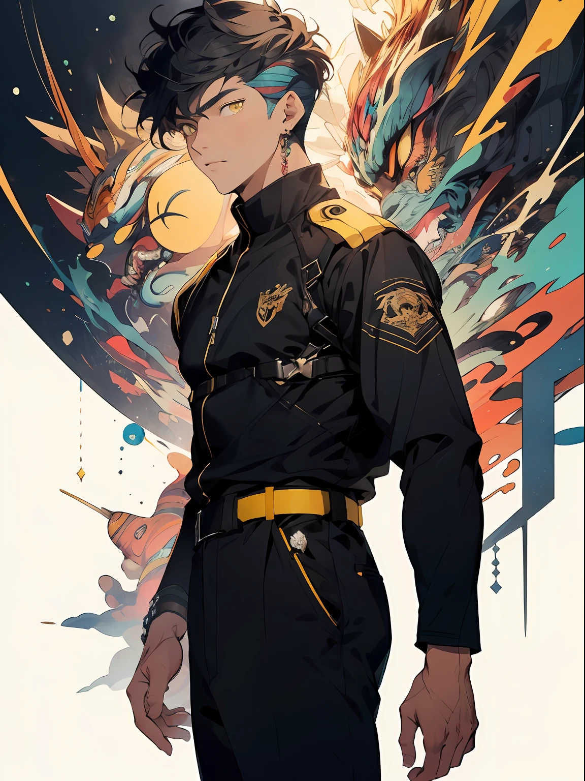 Realistic, (Masterpiece, Superior Quality, Best Quality, Official Art, Beauty and Aesthetics: 1.2), Very Detailed, Fractal Art, (cartoon anime style), Colorful, yellow color palette. More Detailed, Zentangle, (Abstract Background: 1.5) (1Boy: 1.3), God, Black Hair Fade, Short Hair, (Bright Yellow Eyes), Mysterious, (Magic), Crystal, Beautiful Man, Black Uniform, Walking.