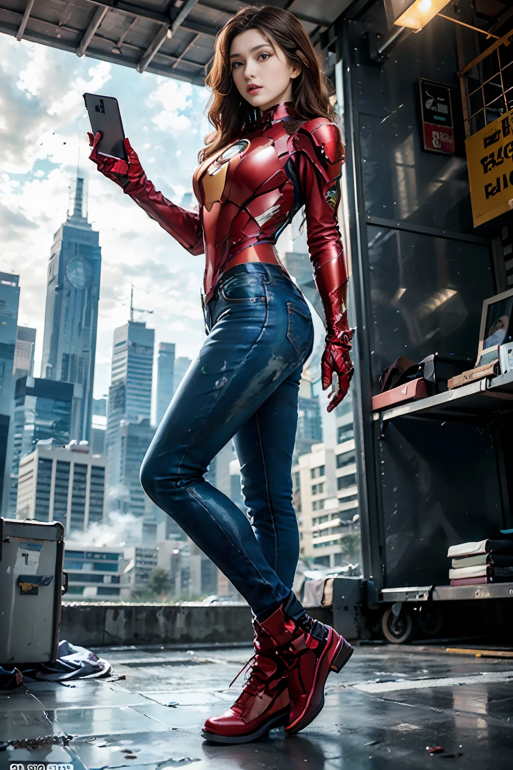 RAW, Masterpiece, Super Fine Photo, Best Quality, Ultra High Resolution, Photorealistic Photorealism, Sunlight, Full Body Portrait, Amazing Beauty, Dynamic Pose, Delicate Face, Vibrant Eyes, (From the side), She Wears Iron Man costume, Ragged Top, Jeans, Very Detailed Background, Detailed Face, Detailed Complex Busy Background, Messy, Gorgeous, Milky White, Highly Detailed Skin, Realistic Skin Details, Visible Pores, Sharp Focus, Volume Fog, 8K UHD, DSLR , high quality, film grain, fair skin, photorealism, lomography, sprawling metropolis in futuristic dystopia , seen from below, translucent,tablet in hand