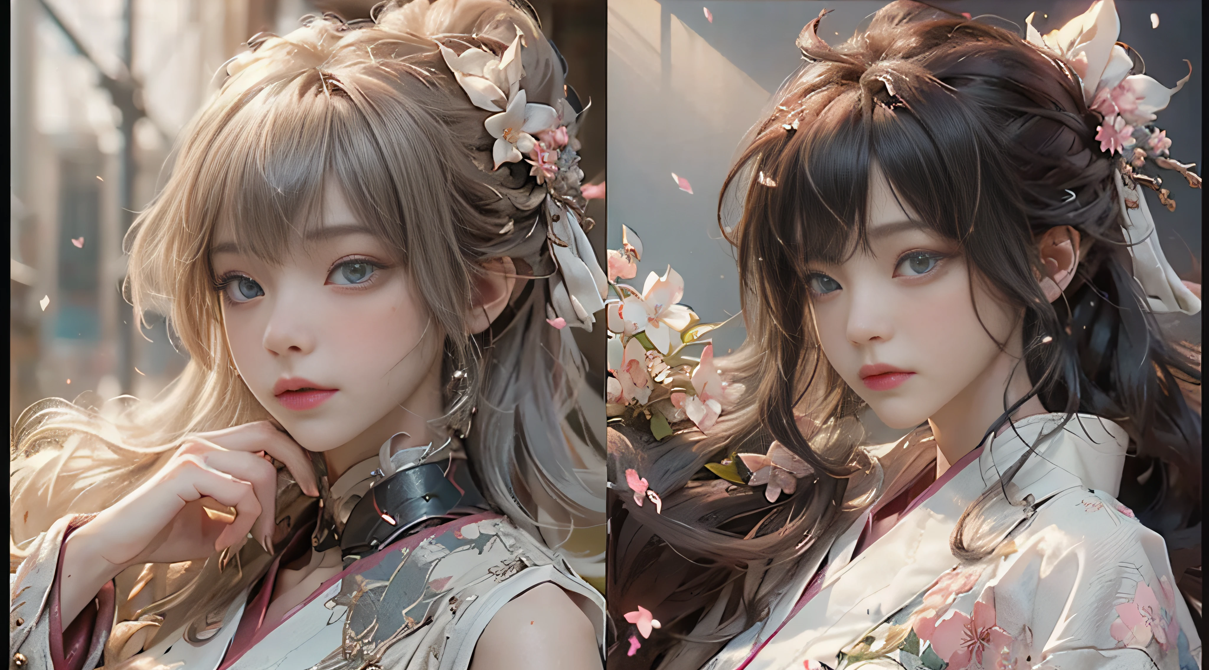 ((Best Quality)), ((Masterpiece)), (Detail: 1.4), 3D, Beautiful Cyberpunk Female Image, HDR (High Dynamic Range), Ray Tracing, NVIDIA RTX, Super Resolution, Unreal 5, Subsurface Scattering, PBR Texture, Post-Processing, Anisotropic Filtering, Depth of Field, Maximum Sharpness and Sharpness, Multi-layer Texture, Albedo and Highlight Mapping, Surface Coloring, Mitsu-Accurate Simulation of Material Interactions, Perfect Proportions, Octane Rendering, Two-color Light, Large Aperture, Low ISO, white balance, regular three-point, 8K RAW, beautiful bright pupils, flowing robe, fine pupils, delicate face and eyes, long eyelashes, blush, fluffy hair, pink lips, pure, cute, sweet girl, cherry blossom petals falling, butterflies, casual wear, high-end sense