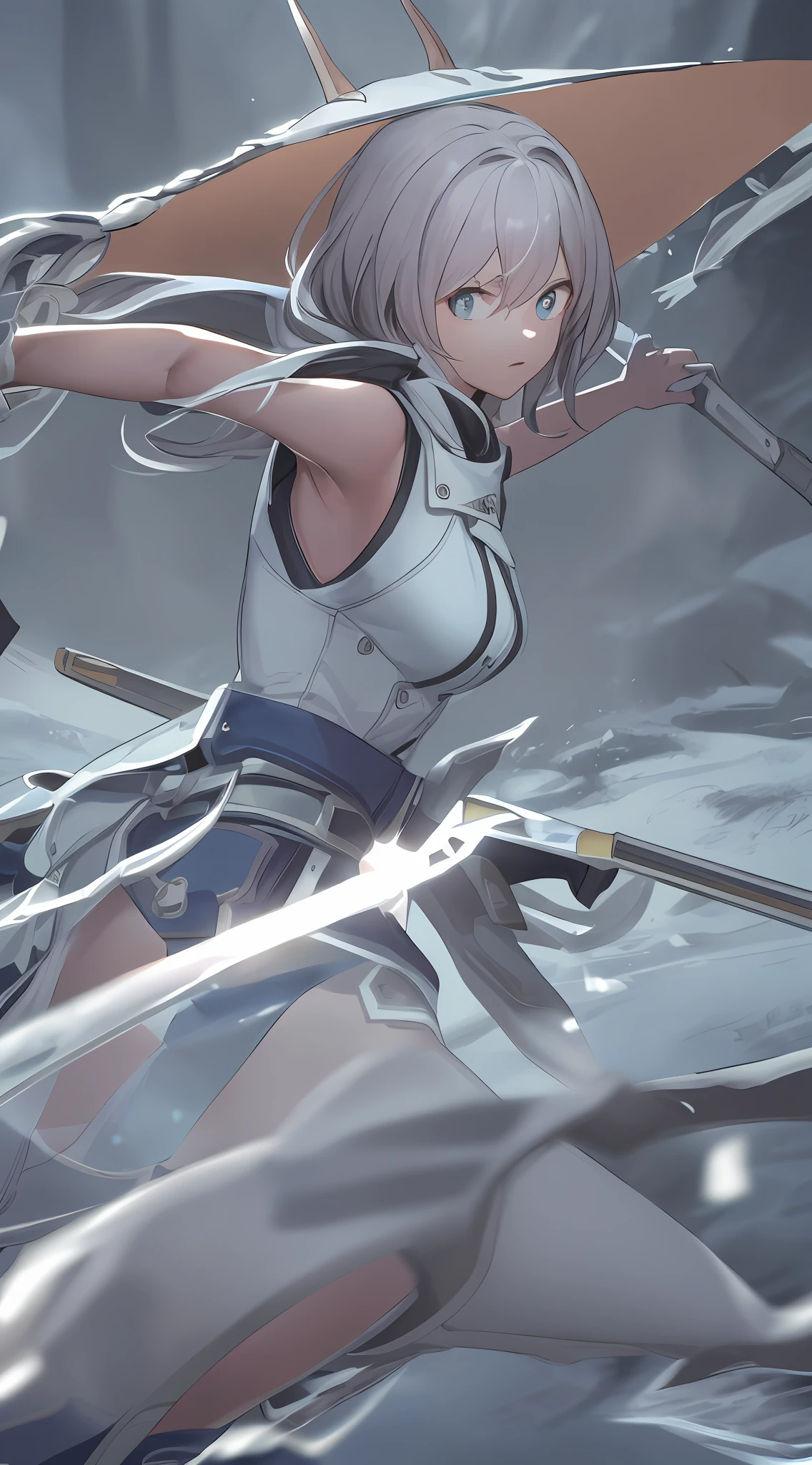 The girl dodges the attack backwards, the photography focuses on the girl, the photographic effect, the poster quality, fine, the hat texture, the interior details, the monster's attack effect below, holding a long sword, the details are exquisite, in line with the anatomy, the background is an ice field, there is wind and snow, and the scene special effects