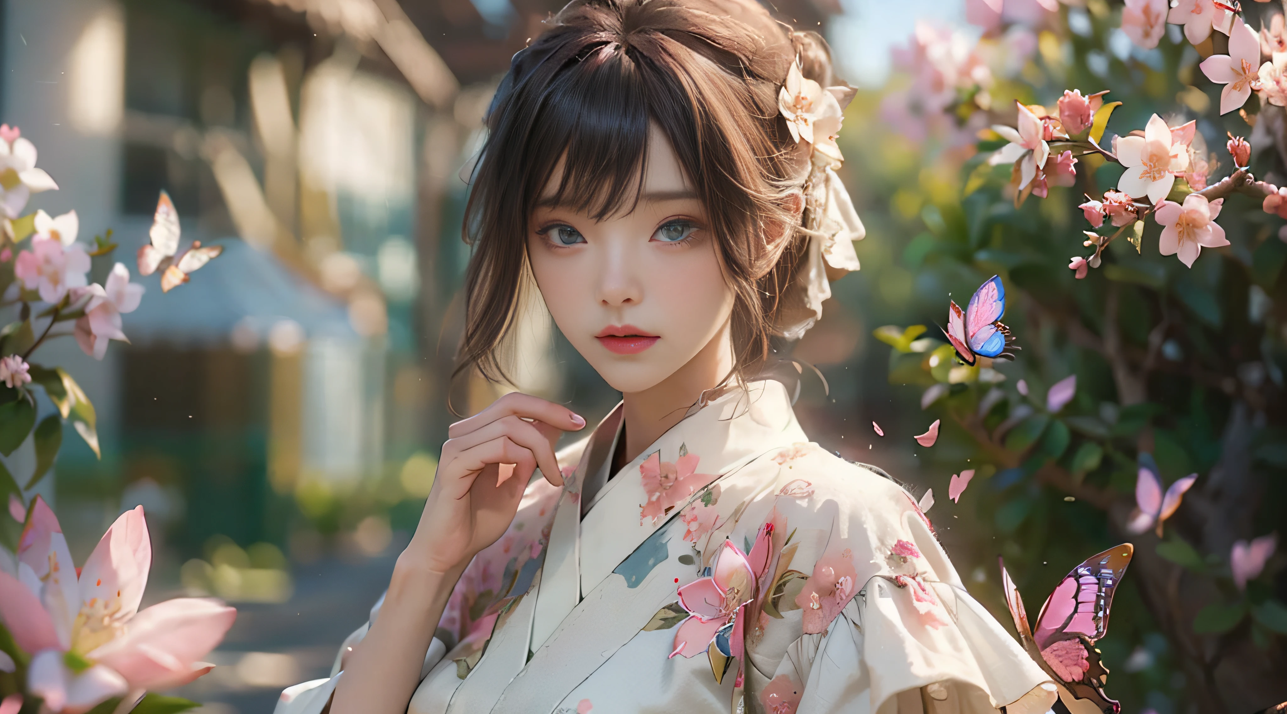 ((Best Quality)), ((Masterpiece)), (Detail: 1.4), 3D, Beautiful Cyberpunk Female Image, HDR (High Dynamic Range), Ray Tracing, NVIDIA RTX, Super Resolution, Unreal 5, Subsurface Scattering, PBR Texture, Post-Processing, Anisotropic Filtering, Depth of Field, Maximum Sharpness and Sharpness, Multi-layer Texture, Albedo and Highlight Mapping, Surface Coloring, Mitsu-Accurate Simulation of Material Interactions, Perfect Proportions, Octane Rendering, Two-color Light, Large Aperture, Low ISO, white balance, regular three-point, 8K RAW, beautiful bright pupils, flowing robe, fine pupils, delicate face and eyes, long eyelashes, blush, fluffy hair, pink lips, pure, cute, sweet girl, cherry blossom petals falling, butterflies, casual wear, high-end sense