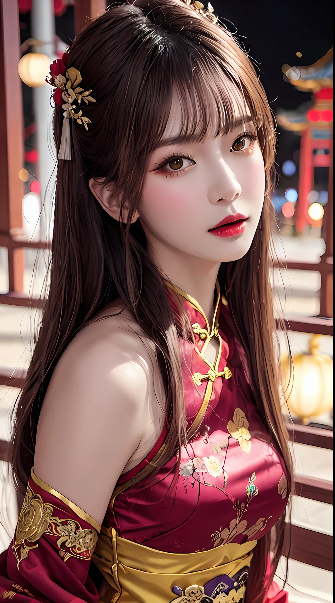 Woman wearing red and gold dress, flower background, palace, hanfu girl, wearing red cheongsam, chinese style, with ancient chinese costume, wearing ancient chinese costume, traditional beauty, Chinese Traditional, chinese girl, cheongsam, chinese costume, chinese princess, hanfu, chinese traditional clothing, chinese costume, 1 27-year-old girl, 1 zodiac goddess from the future, goddess of the pink and purple 12 zodiacs, the goddess of the zodiac in a yellow ao dai, a 12 zodiac ao dai with many black lace detail, mythology Goddess of the 12 zodiacs from the future, zodiac ♏, luxurious glittering zodiac style, dark and mysterious version, zodiac crown, lipstick lips red, thin and beautiful lips, mouth closed, characters made by karol bak and pino daeni, intricate detail, detailed background, extremely detailed, light magic, a woman, clear face, hair long with bangs, beautiful face in detail and well-proportioned eyes, (transparent yellow eyes: 1.8), big round eyes and very beautiful and detailed makeup, foresight, silk dress, mysterious makeup , double bangs and dyed light blonde , upper half portrait, zodiac goddess portrait, arms hanging loosely, Realistic and vivid photo, (stars make up the zodiac: 1.7), (sky background zodiac and fictitious space and time portal: 1.8), fiction art, RAW photo, hanfu picture, best photo, best photo quality, 8k quality, 8k ultra, super realistic, real photo most economical, the goddess poses  and ,