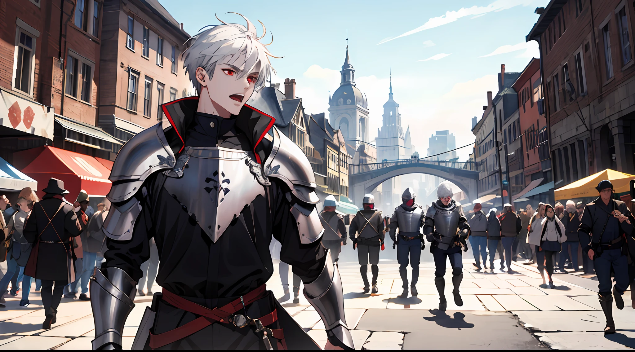(ridiculous, high resolution, super detailed), (panorama), (1 male), tall, wearing silver armor, red eyes, evil charm, short white hair, town background, medieval style, crowd onlookers, open mouth