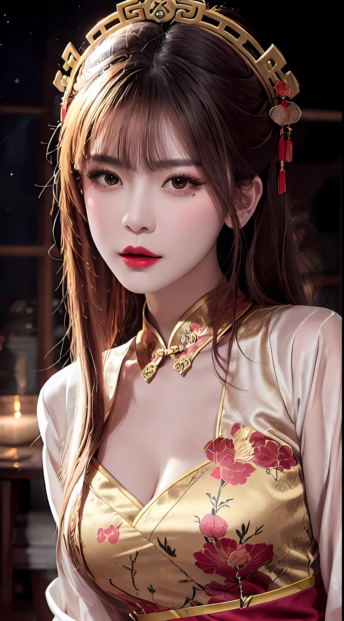 Woman wearing red and gold dress, flower background, palace, hanfu girl, wearing red cheongsam, chinese style, with ancient chinese costume, wearing ancient chinese costume, traditional beauty, Chinese Traditional, chinese girl, cheongsam, chinese costume, chinese princess, hanfu, chinese traditional clothing, chinese costume, 1 27-year-old girl, 1 zodiac goddess from the future, goddess of the pink and purple 12 zodiacs, the goddess of the zodiac in a yellow ao dai, a 12 zodiac ao dai with many black lace detail, mythology Goddess of the 12 zodiacs from the future, zodiac ♏, luxurious glittering zodiac style, dark and mysterious version, zodiac crown, lipstick lips red, thin and beautiful lips, mouth closed, characters made by karol bak and pino daeni, intricate detail, detailed background, extremely detailed, light magic, a woman, clear face, hair long with bangs, beautiful face in detail and well-proportioned eyes, (transparent yellow eyes: 1.8), big round eyes and very beautiful and detailed makeup, foresight, silk dress, mysterious makeup , double bangs and dyed light blonde , upper half portrait, zodiac goddess portrait, arms hanging loosely, Realistic and vivid photo, (stars make up the zodiac: 1.7), (sky background zodiac and fictitious space and time portal: 1.8), fiction art, RAW photo, hanfu picture, best photo, best photo quality, 8k quality, 8k ultra, super realistic, real photo most economical, the goddess poses sexy and seductive,