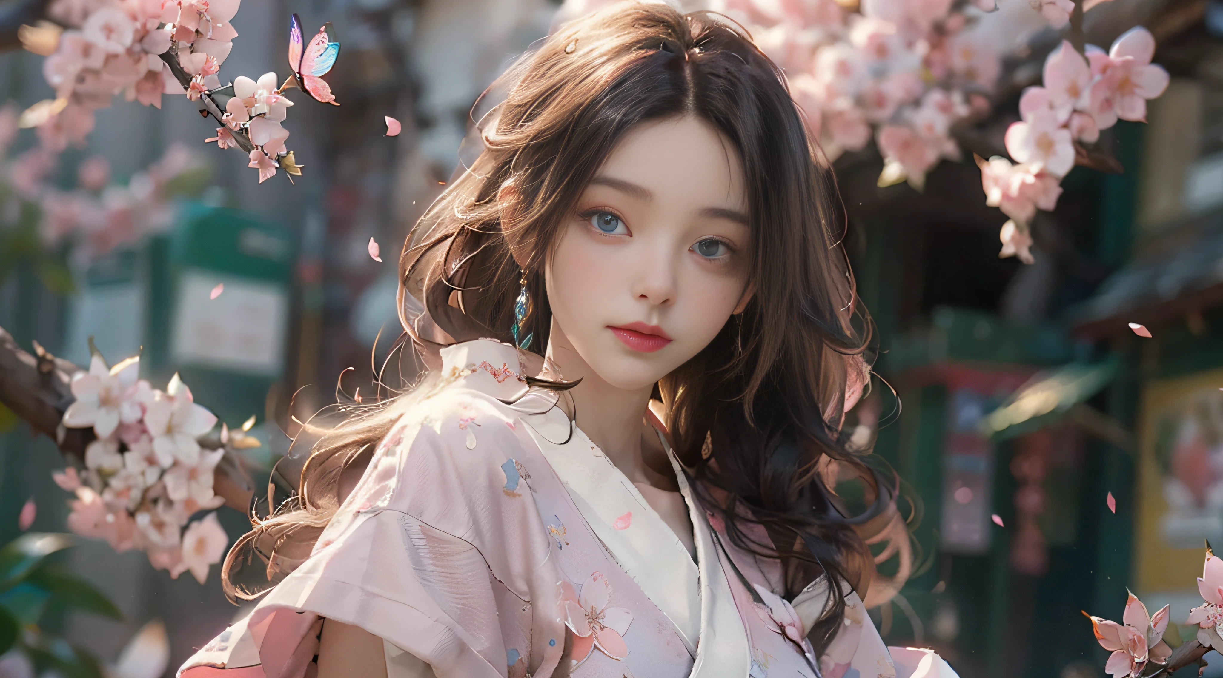 ((Best Quality)), ((Masterpiece)), (Detail: 1.4), 3D, Beautiful Cyberpunk Female Image, HDR (High Dynamic Range), Ray Tracing, NVIDIA RTX, Super Resolution, Unreal 5, Subsurface Scattering, PBR Texture, Post-Processing, Anisotropic Filtering, Depth of Field, Maximum Sharpness and Sharpness, Multi-layer Texture, Albedo and Highlight Mapping, Surface Coloring, Mitsu-Accurate Simulation of Material Interactions, Perfect Proportions, Octane Rendering, Two-color Light, Large Aperture, Low ISO, white balance, regular three-point, 8K RAW, beautiful bright pupils, flowing robe, fine pupils, delicate face and eyes, long eyelashes, blush, fluffy hair, pink lips, pure, cute, sweet girl, cherry blossom petals falling, butterflies, high-class sense