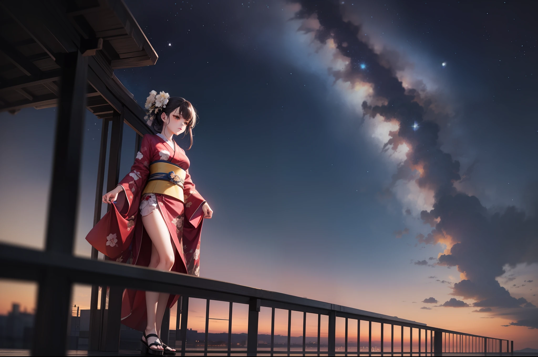fantastic, Milky Way, One girl, kimono, veranda, full body, cinematic angle of view, high definition, high image quality, ultra-detailed