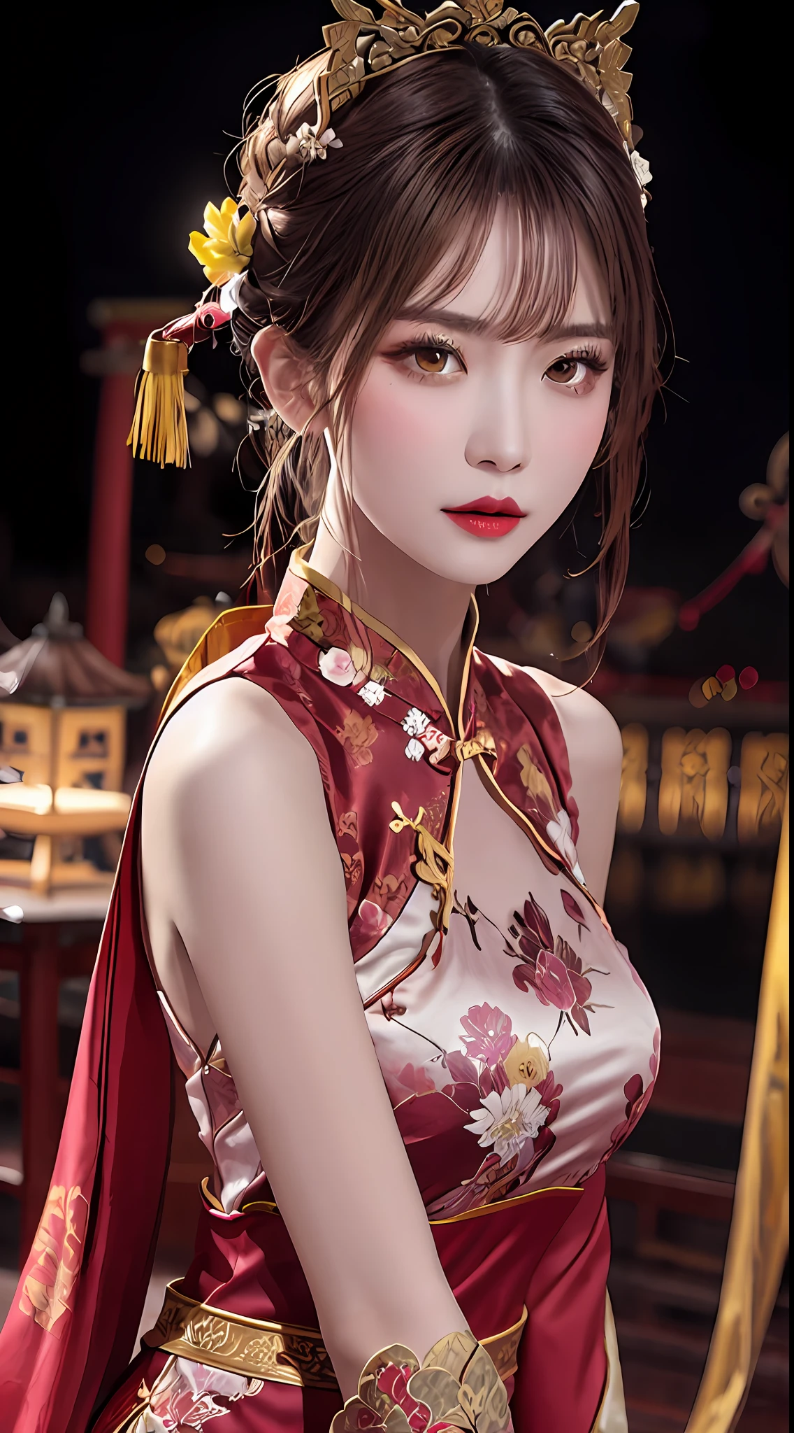 Woman wearing red and gold dress, flower background, palace, hanfu girl, wearing red cheongsam, chinese style, with ancient chinese costume, wearing ancient chinese costume, traditional beauty, Chinese Traditional, chinese girl, cheongsam, chinese costume, chinese princess, hanfu, chinese traditional clothing, chinese costume, 1 27-year-old girl, 1 zodiac goddess from the future, goddess of the pink and purple 12 zodiacs, the goddess of the zodiac in a yellow ao dai, a 12 zodiac ao dai with many black lace detail, mythology Goddess of the 12 zodiacs from the future, zodiac ♏, luxurious glittering zodiac style, dark and mysterious version, zodiac crown, lipstick lips red, thin and beautiful lips, mouth closed, characters made by karol bak and pino daeni, intricate detail, detailed background, extremely detailed, light magic, a woman, clear face, hair long with bangs, beautiful face in detail and well-proportioned eyes, (transparent yellow eyes: 1.8), big round eyes and very beautiful and detailed makeup, foresight, silk dress, mysterious makeup , double bangs and dyed light blonde , upper half portrait, zodiac goddess portrait, arms hanging loosely, Realistic and vivid photo, (stars make up the zodiac: 1.7), (sky background zodiac and fictitious space and time portal: 1.8), fiction art, RAW photo, hanfu picture, best photo, best photo quality, 8k quality, 8k ultra, super realistic, real photo most economical, the goddess poses sexy and seductive,