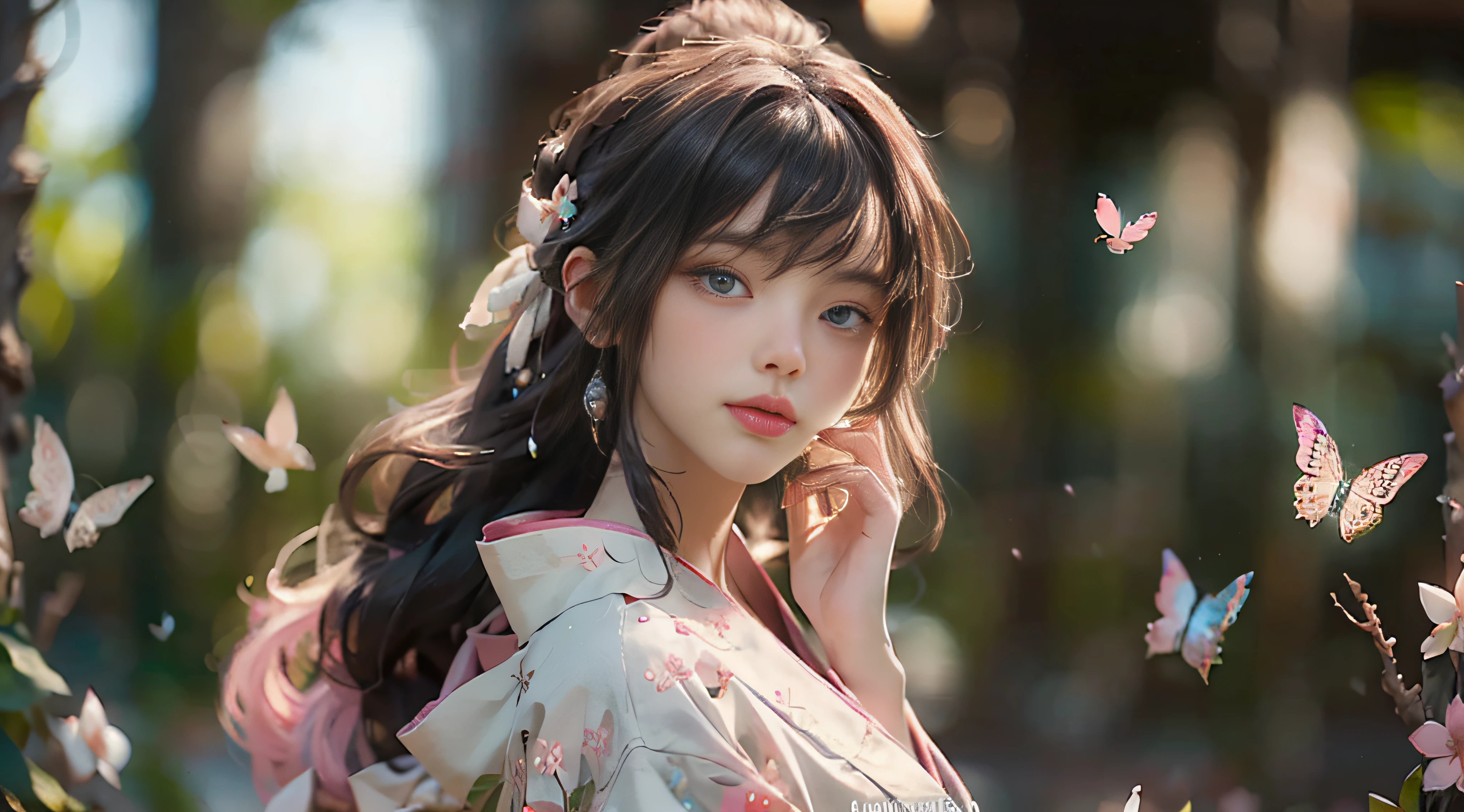 ((Best Quality)), ((Masterpiece)), (Detail: 1.4), 3D, Beautiful Cyberpunk Female Image, HDR (High Dynamic Range), Ray Tracing, NVIDIA RTX, Super Resolution, Unreal 5, Subsurface Scattering, PBR Texture, Post-Processing, Anisotropic Filtering, Depth of Field, Maximum Sharpness and Sharpness, Multi-layer Texture, Albedo and Highlight Mapping, Surface Coloring, Mitsu-Accurate Simulation of Material Interactions, Perfect Proportions, Octane Rendering, Two-color Light, Large Aperture, Low ISO, white balance, regular three-point, 8K RAW, beautiful bright pupils, flowing robe, fine pupils, delicate face and eyes, long eyelashes, blush, fluffy hair, pink lips, pure, cute, sweet girl, cherry blossom petals falling, butterflies, high-class sense