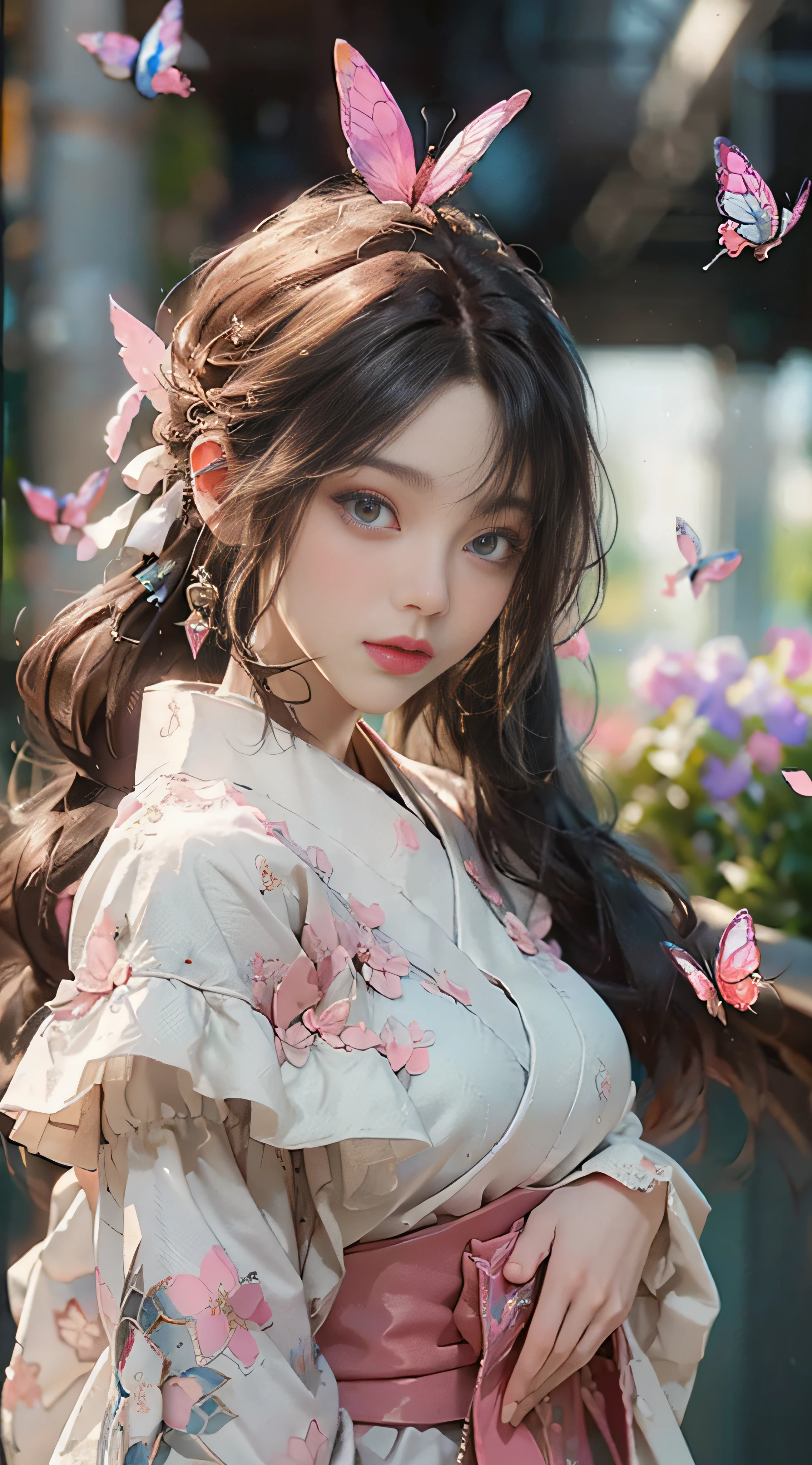 ((Best Quality)), ((Masterpiece)), (Detail: 1.4), 3D, Beautiful Cyberpunk Female Image, HDR (High Dynamic Range), Ray Tracing, NVIDIA RTX, Super Resolution, Unreal 5, Subsurface Scattering, PBR Texture, Post-Processing, Anisotropic Filtering, Depth of Field, Maximum Sharpness and Sharpness, Multi-layer Texture, Albedo and Highlight Mapping, Surface Coloring, Mitsu-Accurate Simulation of Material Interactions, Perfect Proportions, Octane Rendering, Two-color Light, Large Aperture, Low ISO, white balance, regular three-point, 8K RAW, beautiful bright pupils, flowing robe, fine pupils, delicate face and eyes, long eyelashes, blush, fluffy hair, pink lips, pure, cute, sweet girl, cherry blossom petals falling, butterflies, casual wear, high-end sense