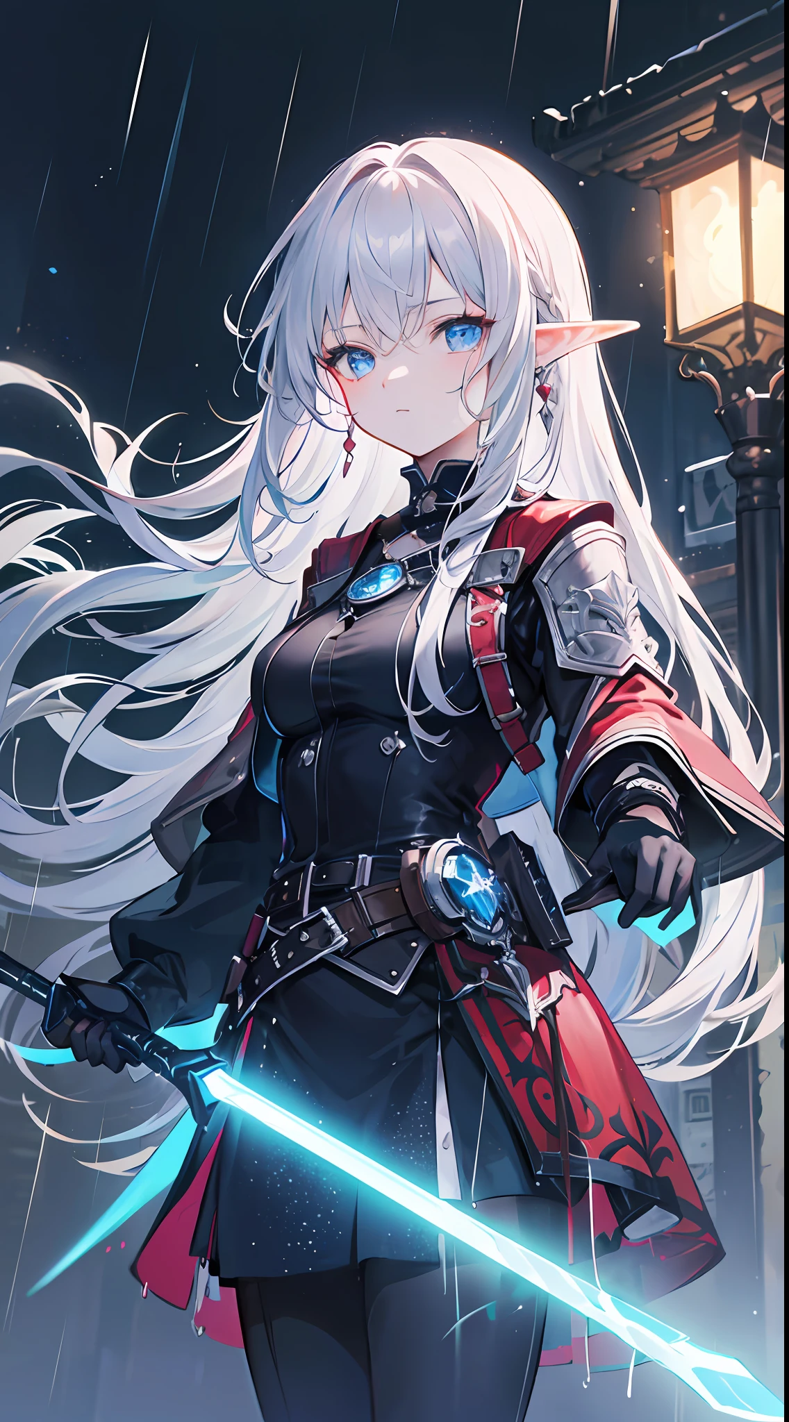 ((Best Quality, 8K, Masterpiece: 1.3)), masterpiece, top quality, high resolution,1girl, silver hair, long hair, elf, blue eyes, rain, weapon, neon blade, night, neon light