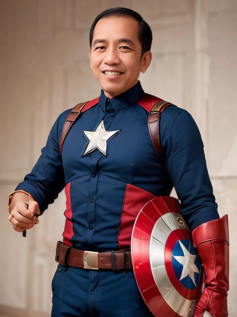 4k, Best quality, masterpiece, ultra high res, beautiful lighting, (realistic, photo-realistic:1.4), realistic background,  jokowi, 1man, 50 years old, smiling, wear captain america superhero outfit with a concave disk, long shot