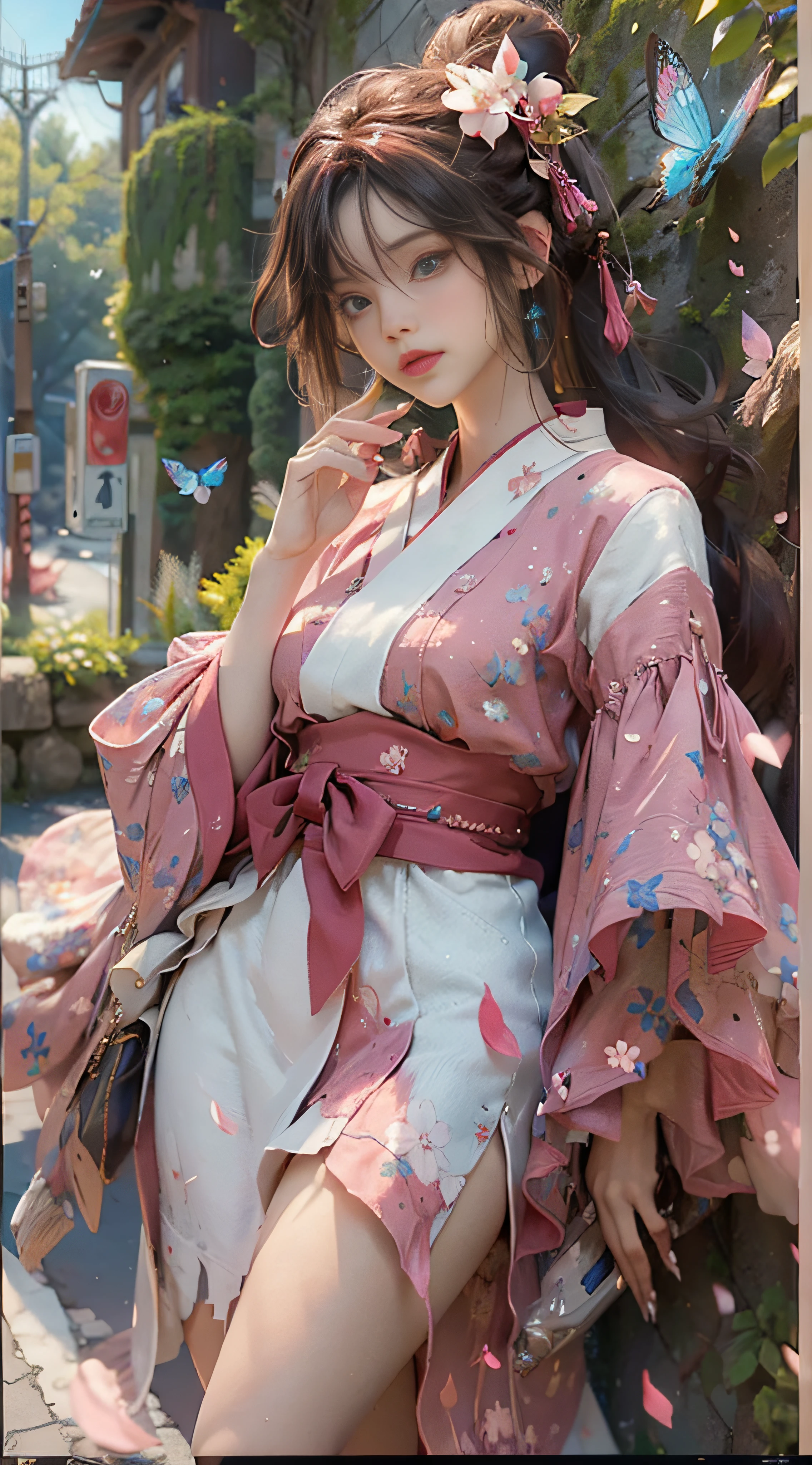 ((Best Quality)), ((Masterpiece)), (Detail: 1.4), 3D, Beautiful Cyberpunk Female Image, HDR (High Dynamic Range), Ray Tracing, NVIDIA RTX, Super Resolution, Unreal 5, Subsurface Scattering, PBR Texture, Post-Processing, Anisotropic Filtering, Depth of Field, Maximum Sharpness and Sharpness, Multi-layer Texture, Albedo and Highlight Mapping, Surface Coloring, Mitsu-Accurate Simulation of Material Interactions, Perfect Proportions, Octane Rendering, Two-color Light, Large Aperture, Low ISO, white balance, regular three-point, 8K RAW, beautiful bright pupils, flowing robe, fine pupils, delicate face and eyes, long eyelashes, blush, fluffy hair, pink lips, pure, cute, sweet girl, cherry blossom petals falling, butterflies, casual wear, high-end sense