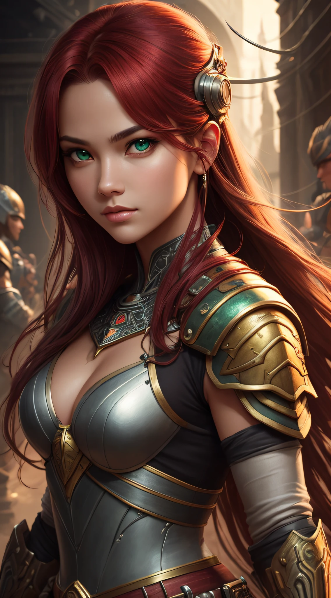 masterpiece, warrior princess, with cybernetic sword, high quality, portrait, red hair, green eyes, long hair, highly detailed, archer ,realistic face, beautiful detailed eyes, fantasy art, in the style of Artgerm, illustration, art of Riiska art, epic, fantasy , intricate, hyper detailed, artistic station, conceptual art, smooth, sharp focus, ray tracing, vibrant --auto