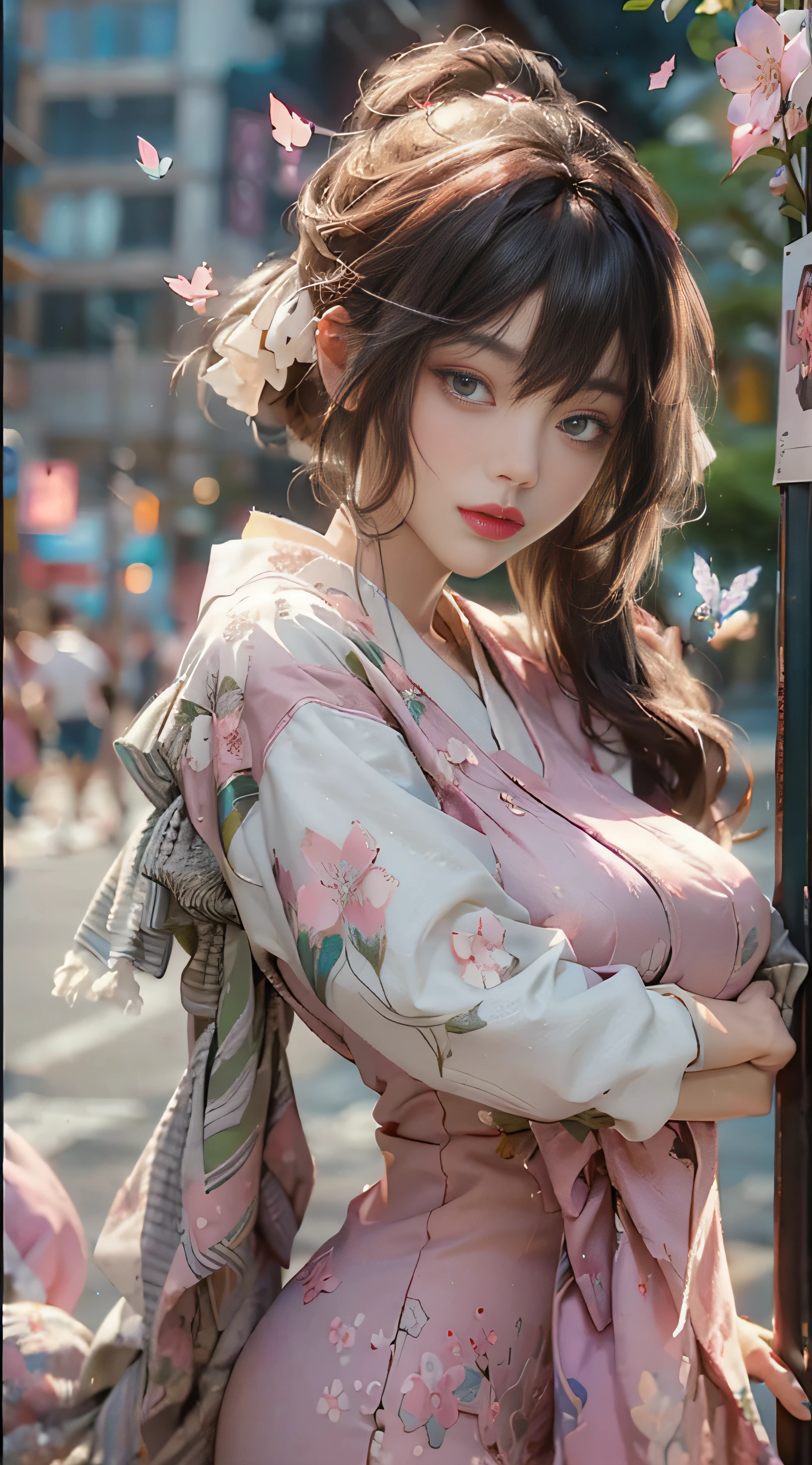 ((Best Quality)), ((Masterpiece)), (Detail: 1.4), 3D, Beautiful Cyberpunk Female Image, HDR (High Dynamic Range), Ray Tracing, NVIDIA RTX, Super Resolution, Unreal 5, Subsurface Scattering, PBR Texture, Post-Processing, Anisotropic Filtering, Depth of Field, Maximum Sharpness and Sharpness, Multi-layer Texture, Albedo and Highlight Mapping, Surface Coloring, Mitsu-Accurate Simulation of Material Interactions, Perfect Proportions, Octane Rendering, Two-color Light, Large Aperture, Low ISO, white balance, regular three-point, 8K RAW, beautiful bright pupils, flowing robe, fine pupils, delicate face and eyes, long eyelashes, blush, fluffy hair, pink lips, pure, cute, sweet girl, cherry blossom petals falling, butterflies, casual wear, high-end sense