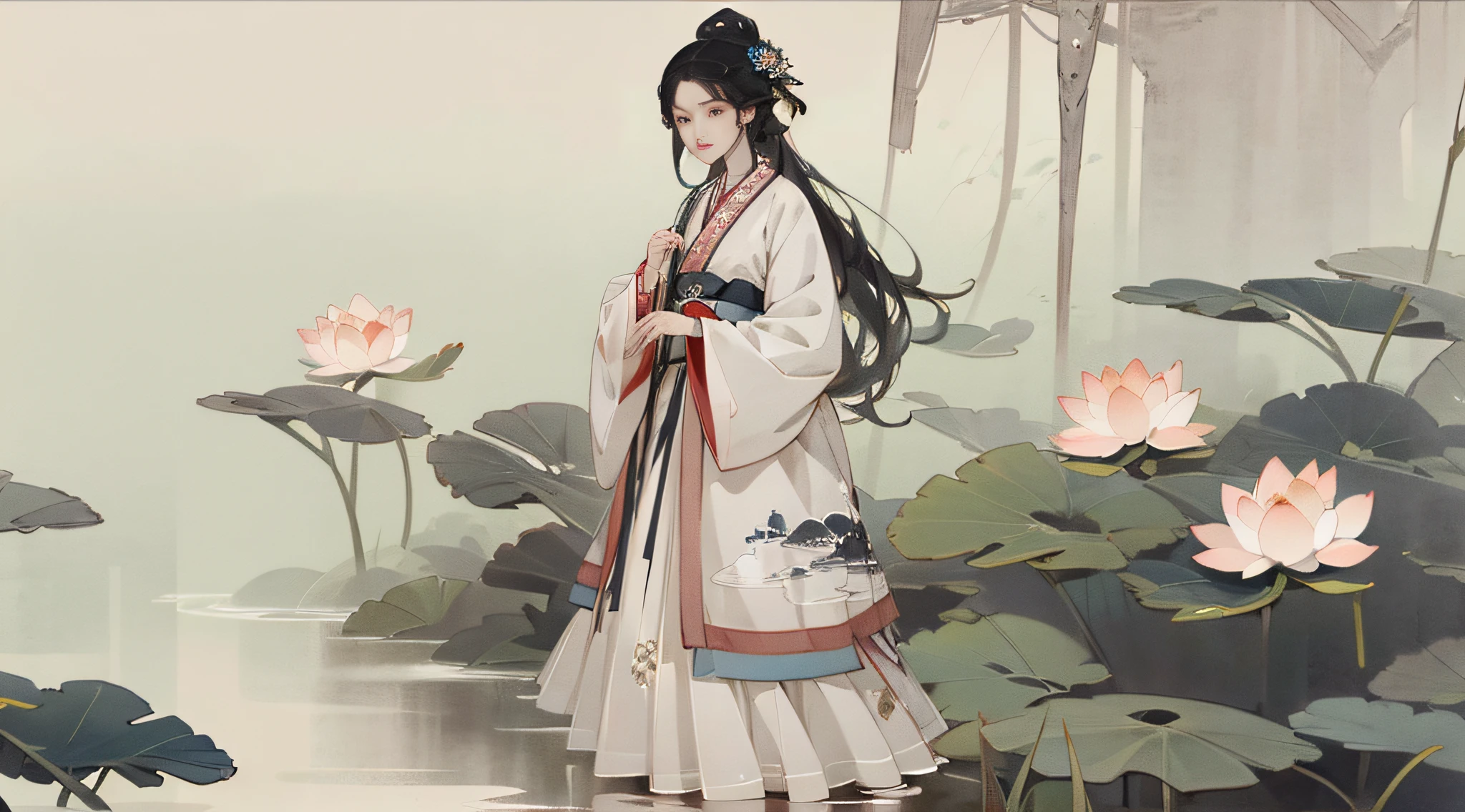 ((4k,masterpiece,best quality)), shuimobysim, traditional chinese ink painting, lotus, hanfu, maxiskit, dress conservatively
1girl, solo, long blue hair, standing, feet in the water, barefoot,,水墨风 --auto