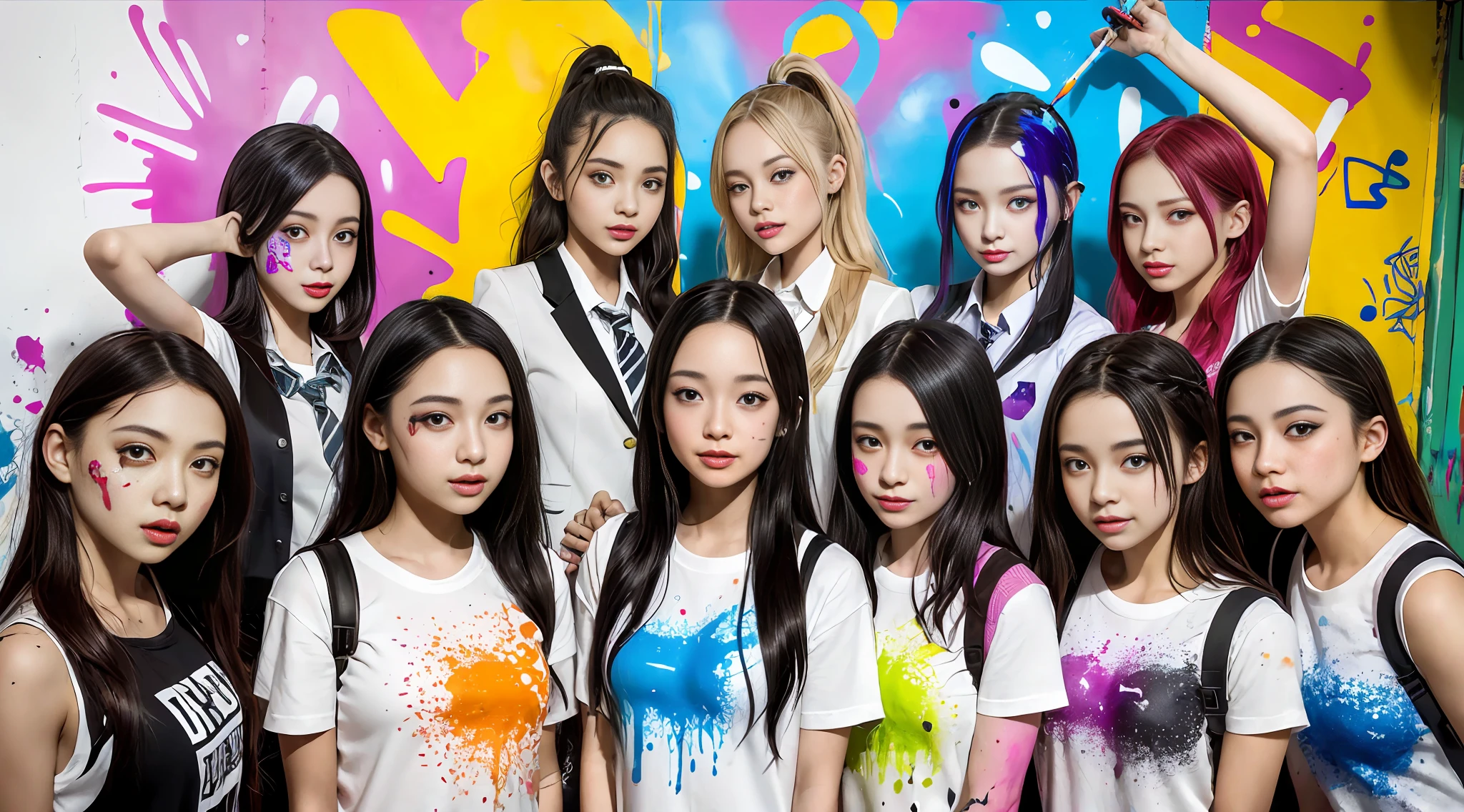 schoolgirl, beautiful detailed eyes, colorful, vivid colors, ((7girls: 1.5)), absurdity, top quality, striped hair, schoolgirl, latest fashion, (graffiti: 1.25), paint splatter, iridescent hair, paint on body