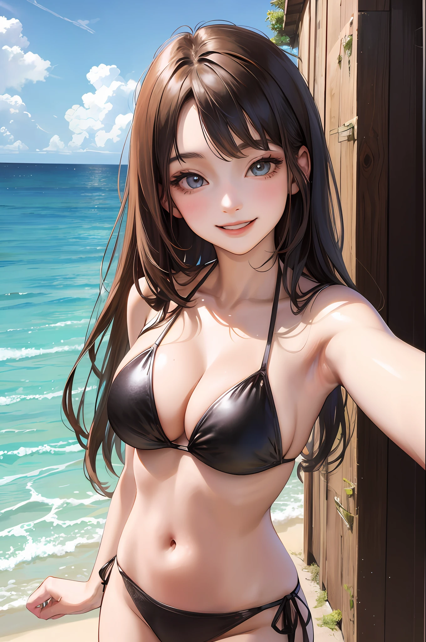 Realistic, 15 year old girl 1 selfie, wearing bikini, big breasts, smiling face