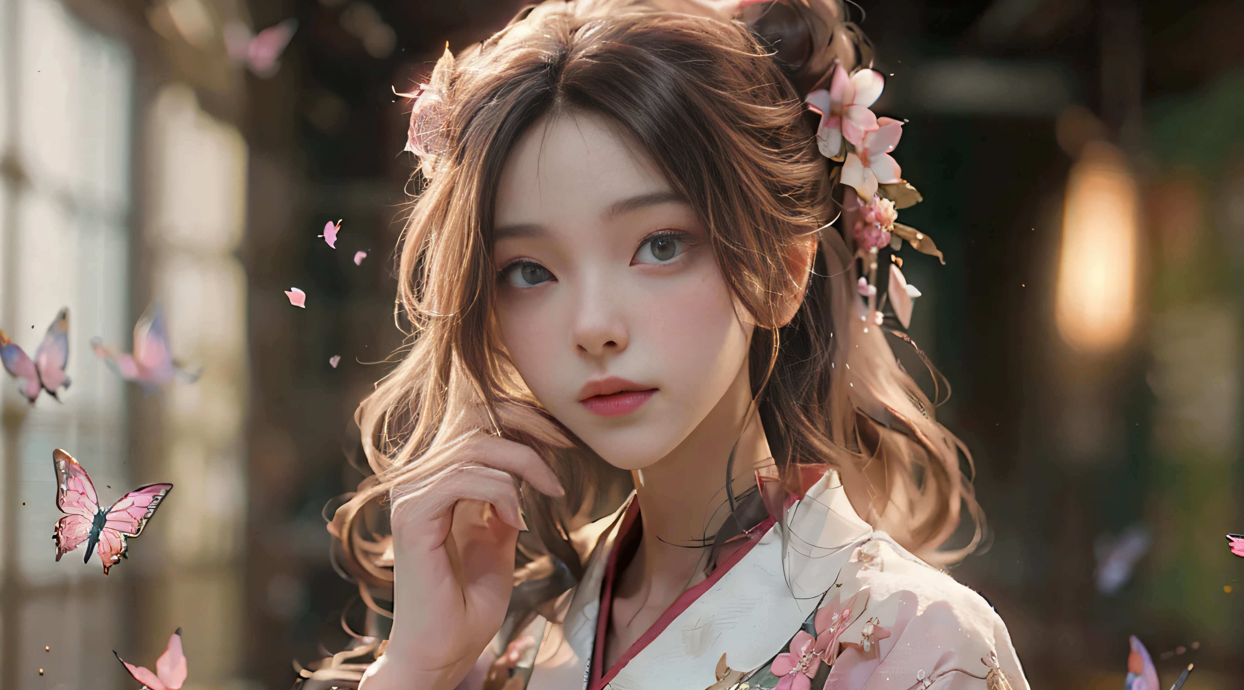((Best Quality)), ((Masterpiece)), (Detail: 1.4), 3D, Beautiful Cyberpunk Female Image, HDR (High Dynamic Range), Ray Tracing, NVIDIA RTX, Super Resolution, Unreal 5, Subsurface Scattering, PBR Texture, Post-Processing, Anisotropic Filtering, Depth of Field, Maximum Sharpness and Sharpness, Multi-layer Texture, Albedo and Highlight Mapping, Surface Coloring, Mitsu-Accurate Simulation of Material Interactions, Perfect Proportions, Octane Rendering, Two-color Light, Large Aperture, Low ISO, white balance, regular three-point, 8K RAW, beautiful bright pupils, flowing robe, fine pupils, delicate face and eyes, long eyelashes, blush, fluffy hair, pink lips, pure, cute, sweet girl, cherry blossom petals falling, butterflies, casual wear, high-end sense
