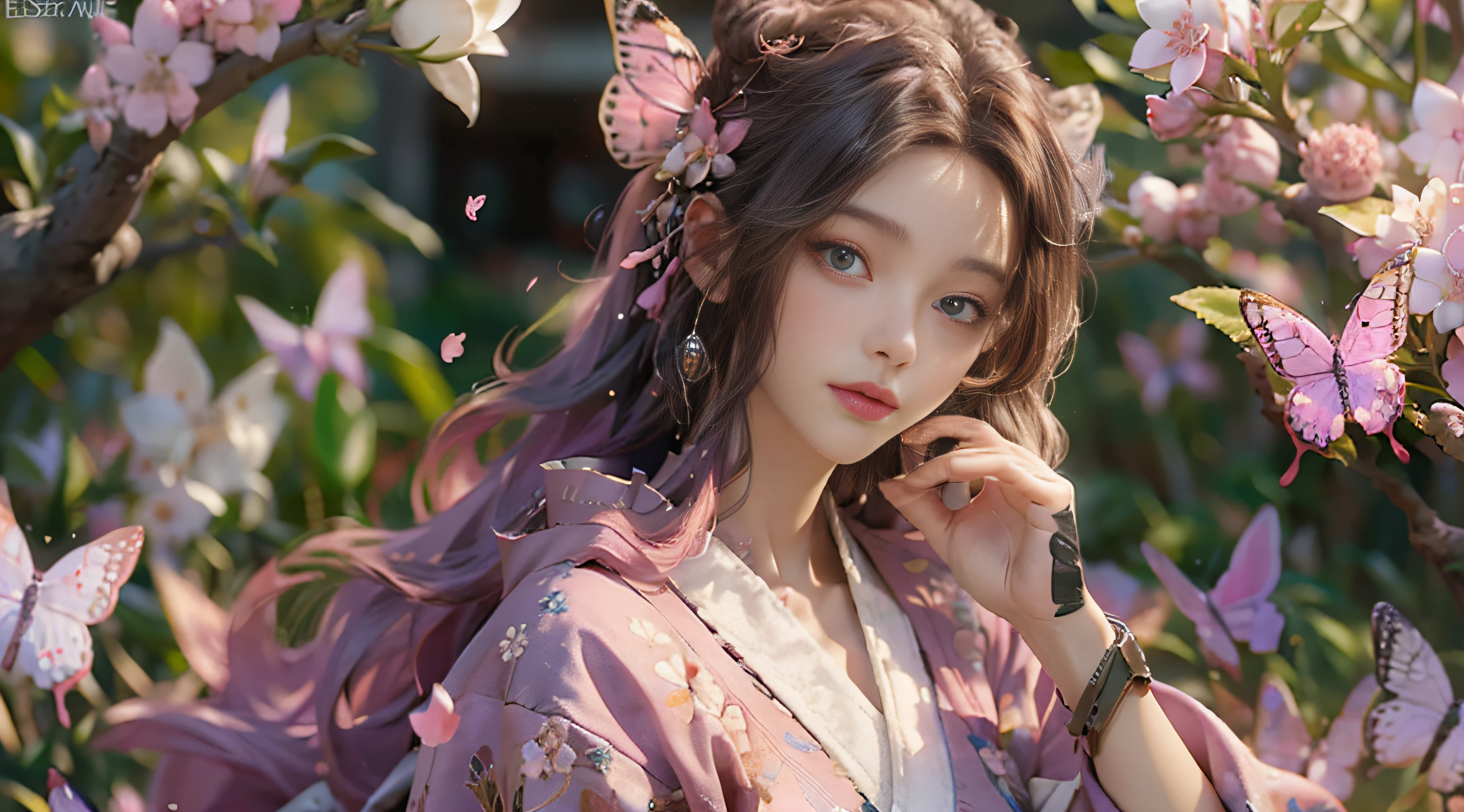 ((Best Quality)), ((Masterpiece)), (Detail: 1.4), 3D, Beautiful Cyberpunk Female Image, HDR (High Dynamic Range), Ray Tracing, NVIDIA RTX, Super Resolution, Unreal 5, Subsurface Scattering, PBR Texture, Post-Processing, Anisotropic Filtering, Depth of Field, Maximum Sharpness and Sharpness, Multi-layer Texture, Albedo and Highlight Mapping, Surface Coloring, Mitsu-Accurate Simulation of Material Interactions, Perfect Proportions, Octane Rendering, Two-color Light, Large Aperture, Low ISO, white balance, regular three-point, 8K RAW, beautiful bright pupils, flowing robe, fine pupils, delicate face and eyes, long eyelashes, blush, fluffy hair, pink lips, pure, cute, cherry blossom petals falling, butterfly