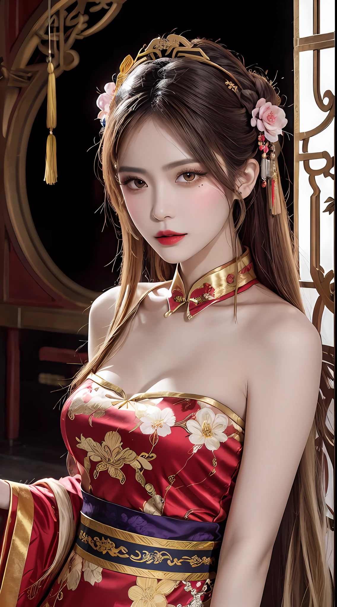 Woman wearing red and gold dress, flower background, palace, hanfu girl, wearing red cheongsam, chinese style, with ancient chinese costume, wearing ancient chinese costume, traditional beauty, Chinese Traditional, chinese girl, cheongsam, chinese costume, chinese princess, hanfu, chinese traditional clothing, chinese costume, 1 27-year-old girl, 1 zodiac goddess from the future, goddess of the pink and purple 12 zodiacs, the goddess of the zodiac in a yellow ao dai, a 12 zodiac ao dai with many black lace detail, mythology Goddess of the 12 zodiacs from the future, zodiac ♏, luxurious glittering zodiac style, dark and mysterious version, zodiac crown, lipstick lips red, thin and beautiful lips, mouth closed, characters made by karol bak and pino daeni, intricate detail, detailed background, extremely detailed, light magic, a woman, clear face, hair long with bangs, beautiful face in detail and well-proportioned eyes, (transparent yellow eyes: 1.8), big round eyes and very beautiful and detailed makeup, foresight, silk dress, mysterious makeup , double bangs and dyed light blonde , upper half portrait, zodiac goddess portrait, arms hanging loosely, Realistic and vivid photo, (stars make up the zodiac: 1.7), (sky background zodiac and fictitious space and time portal: 1.8), fiction art, RAW photo, hanfu picture, best photo, best photo quality, 8k quality, 8k ultra, super realistic, real photo most economical, the goddess poses sexy and seductive,