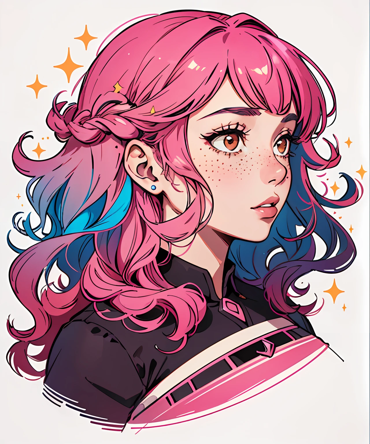 (inked original-art:1.2),(lineart:1.31),portrait female, darker skin complexion, brown eyes, thin lips, freckled complexion, princess, (depth), Curly hair , long length hair, sparkles in hair, dramatic,poster-art,(hyperdefined),(side profile),(thin-lines), Hot Pink hair color, fantasy aesthetic,complex-lighting,(fine-details:1.3),RAW-format,(limited-palette),clean,intricate