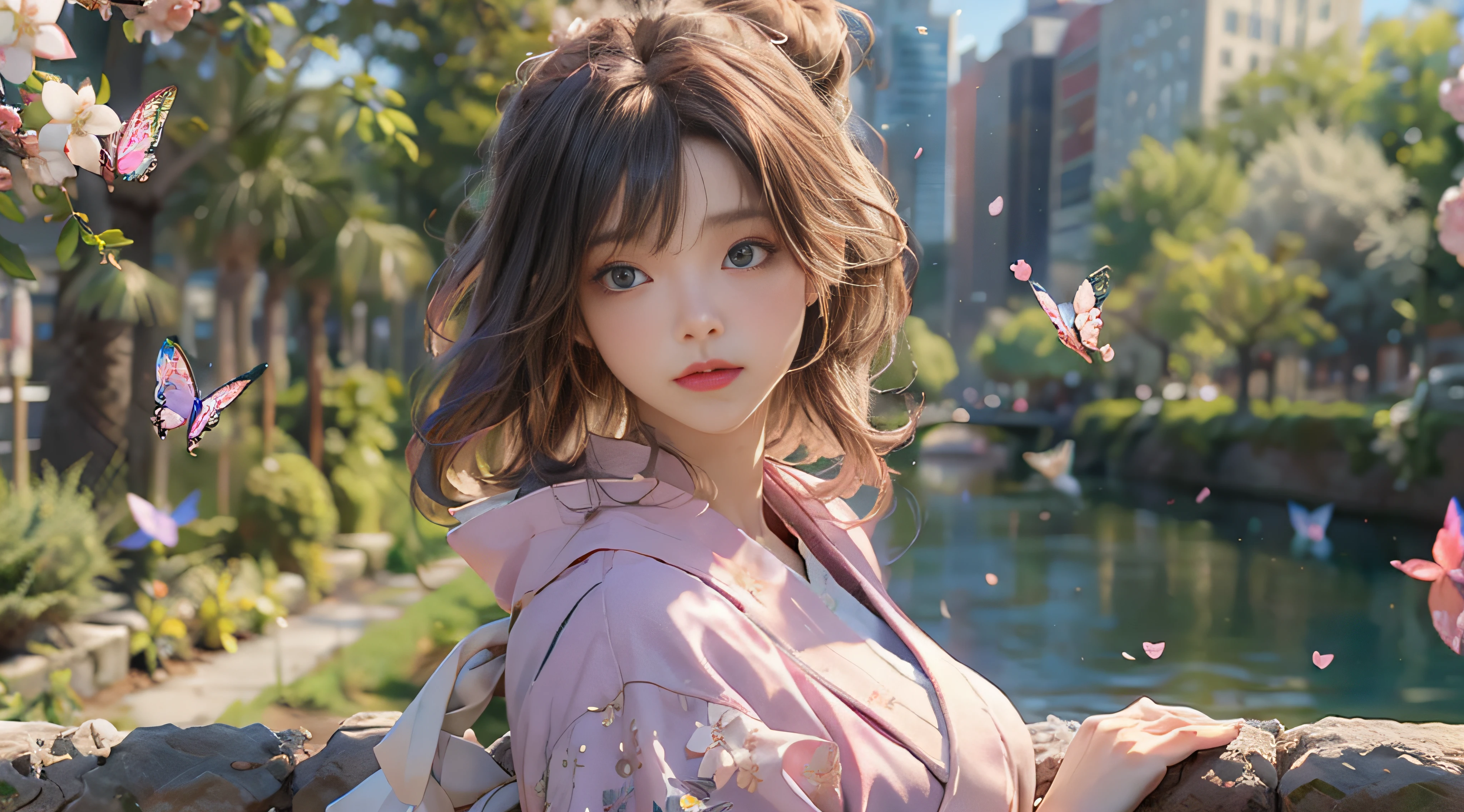 ((Best Quality)), ((Masterpiece)), (Detail: 1.4), 3D, Beautiful Cyberpunk Female Image, HDR (High Dynamic Range), Ray Tracing, NVIDIA RTX, Super Resolution, Unreal 5, Subsurface Scattering, PBR Texture, Post-Processing, Anisotropic Filtering, Depth of Field, Maximum Sharpness and Sharpness, Multi-layer Texture, Albedo and Highlight Mapping, Surface Coloring, Mitsu-Accurate Simulation of Material Interactions, Perfect Proportions, Octane Rendering, Two-color Light, Large Aperture, Low ISO, white balance, regular three-point, 8K RAW, beautiful bright pupils, flowing robe, fine pupils, delicate face and eyes, long eyelashes, blush, fluffy hair, pink lips, pure, cute, sweet girl, cherry blossom petals falling, butterflies, casual wear, high-end sense