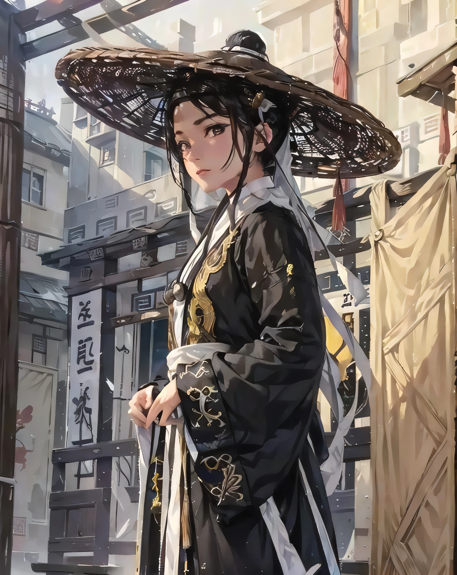 masterpiece, highres, 1girl, solo, mature female, detailed face, Daoist_Robe, bamboo_hat, detailed eyes, best quality, CG, illustration, looking at viewer, ancient China, cowboy shot, guzhen, volumetric lighting,