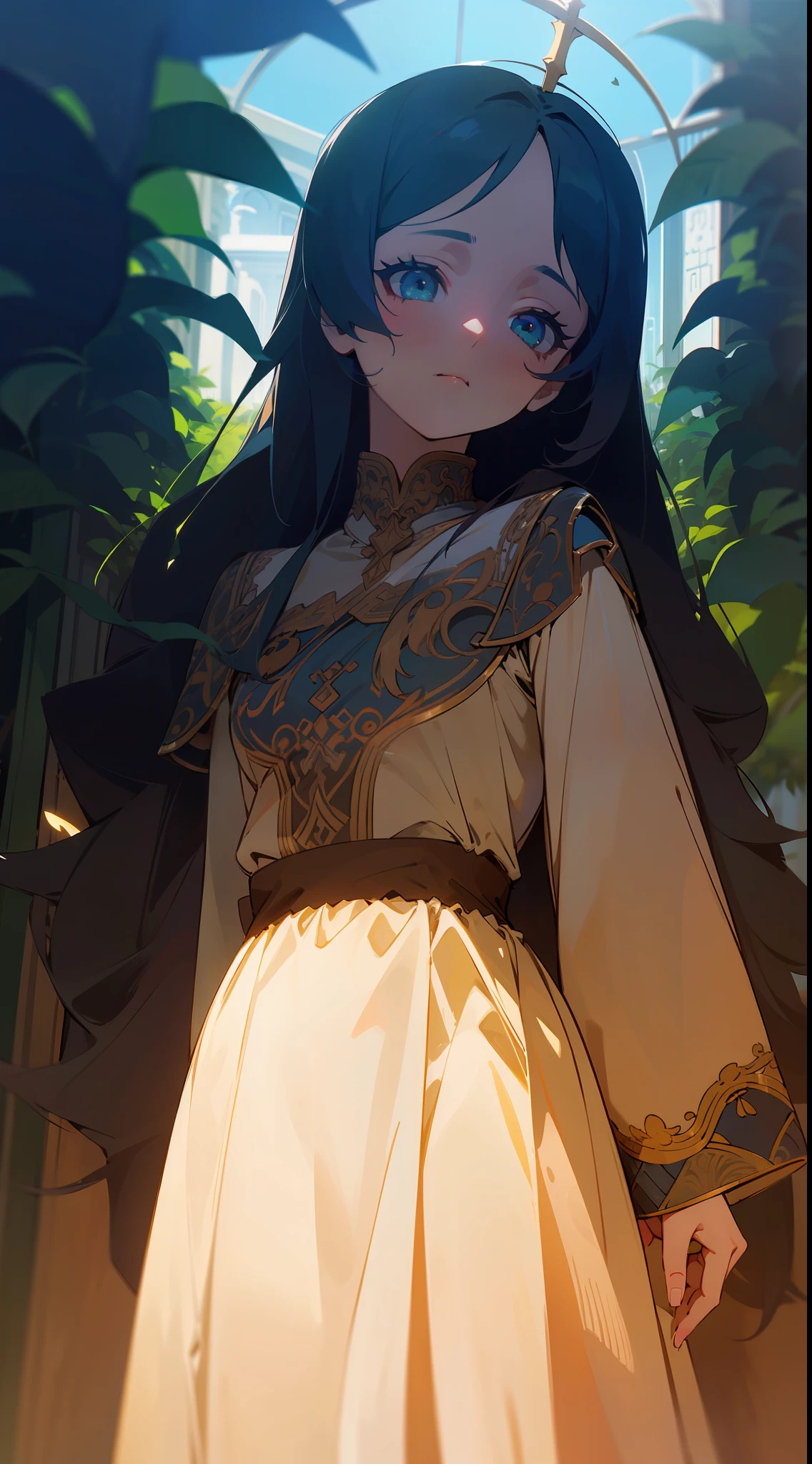 Cinematic Effects, Fancy Effects, Intricate Details, Solo, 1 Maiden, (2D + Crooked Bob: 1.2), Delicate Eyes, Dress, Garden, Ultra Wide Angle Lens, Sunlight, Light and Shadow, Religious, Holy, White and Tender Complexion, Quiet ,,,, Afternoon, Long Hair, Purity