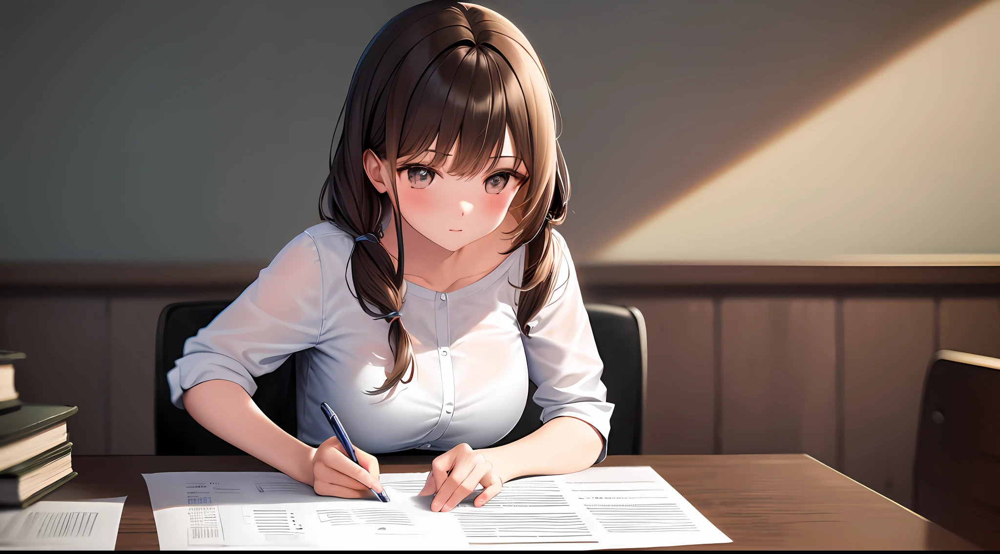 masterpiece, best quality, high resolution, one girl, shirt, girl sitting in chair studying drafting at desk, horizontal angle, studying, paperwork, brown hair, good luck studying