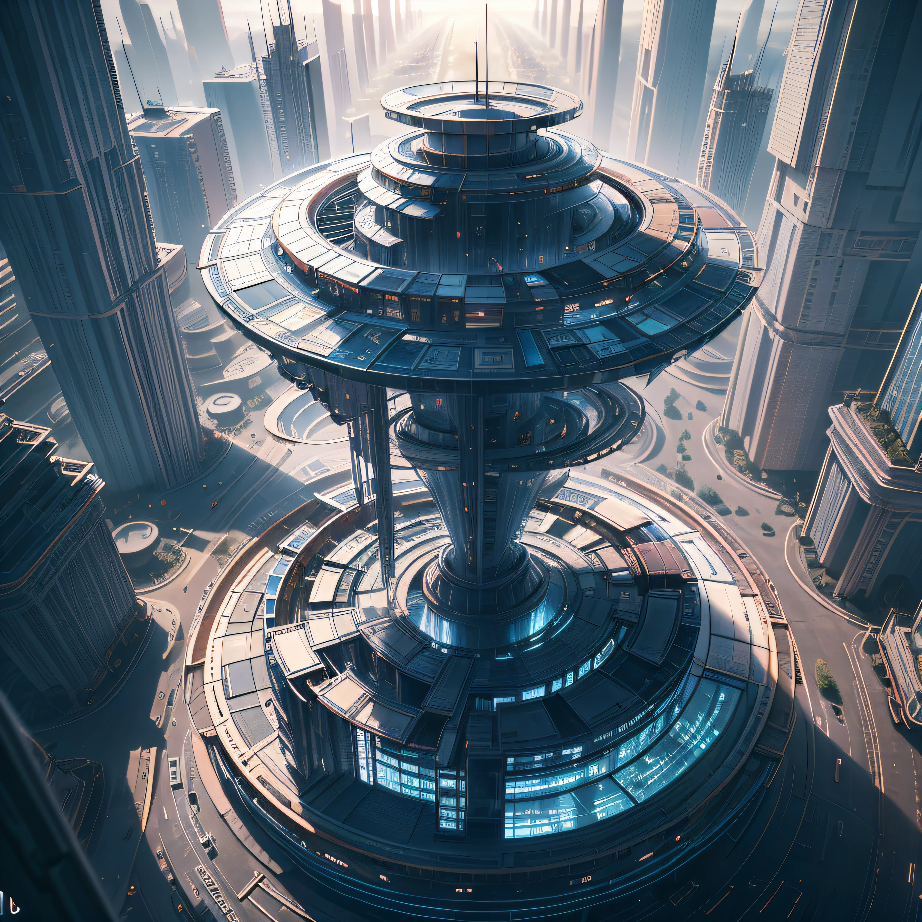 a futuristic central base with circular architecture with a spiral tower in the middle, in the center of a futuristic city --auto