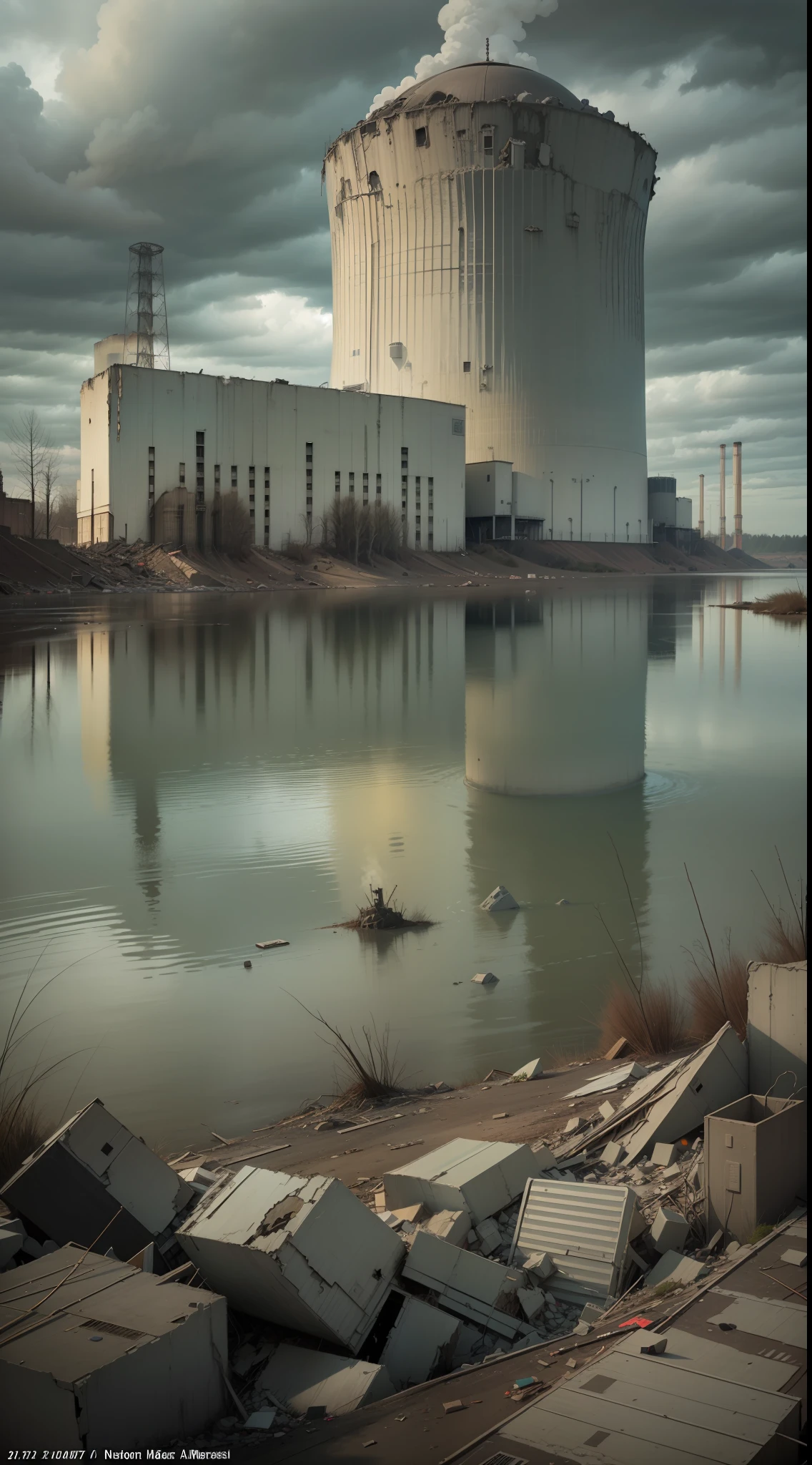 Nuclear power plant destroyed, green lake contaminated, ((apocalyptic scenario, gloomy weather))