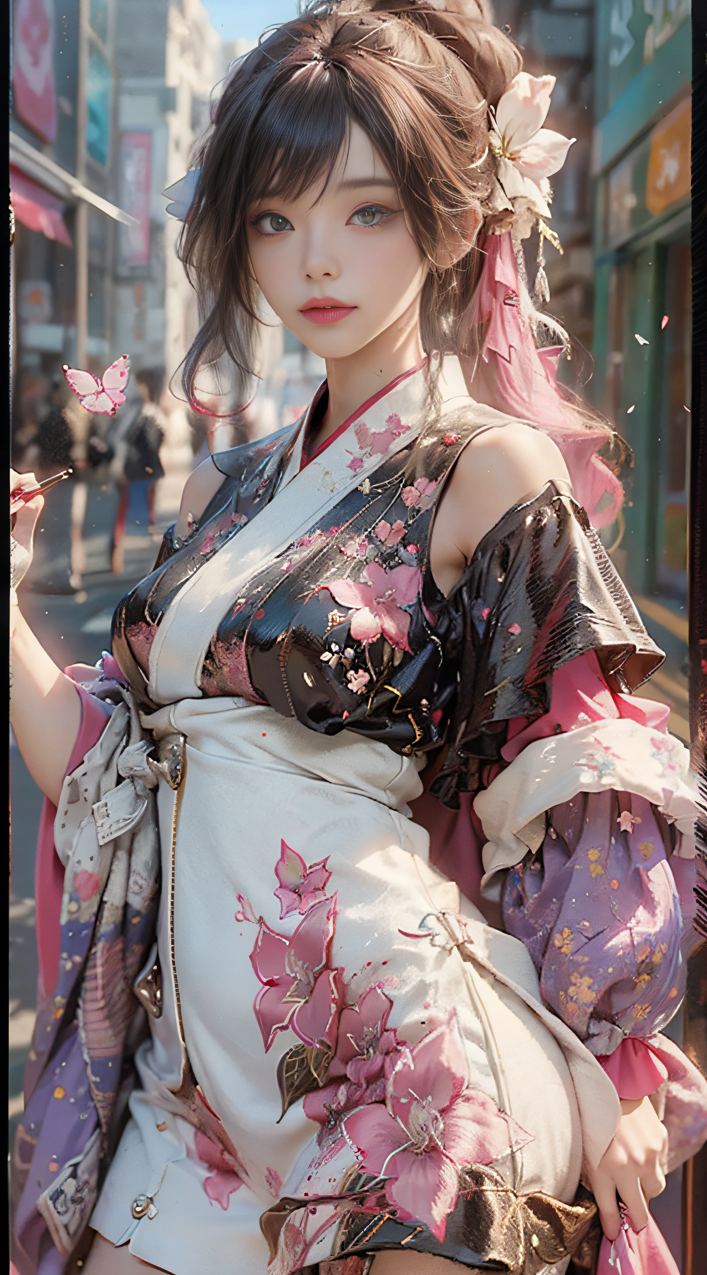 ((Best Quality)), ((Masterpiece)), (Detail: 1.4), 3D, Beautiful Cyberpunk Female Image, HDR (High Dynamic Range), Ray Tracing, NVIDIA RTX, Super Resolution, Unreal 5, Subsurface Scattering, PBR Texture, Post-Processing, Anisotropic Filtering, Depth of Field, Maximum Sharpness and Sharpness, Multi-layer Texture, Albedo and Highlight Mapping, Surface Coloring, Mitsu-Accurate Simulation of Material Interactions, Perfect Proportions, Octane Rendering, Two-color Light, Large Aperture, Low ISO, white balance, regular three-point, 8K RAW, beautiful bright pupils, flowing robe, fine pupils, delicate face and eyes, long eyelashes, blush, fluffy hair, pink lips, pure, cute, sweet girl, cherry blossom petals falling, butterflies, casual wear, high-end sense