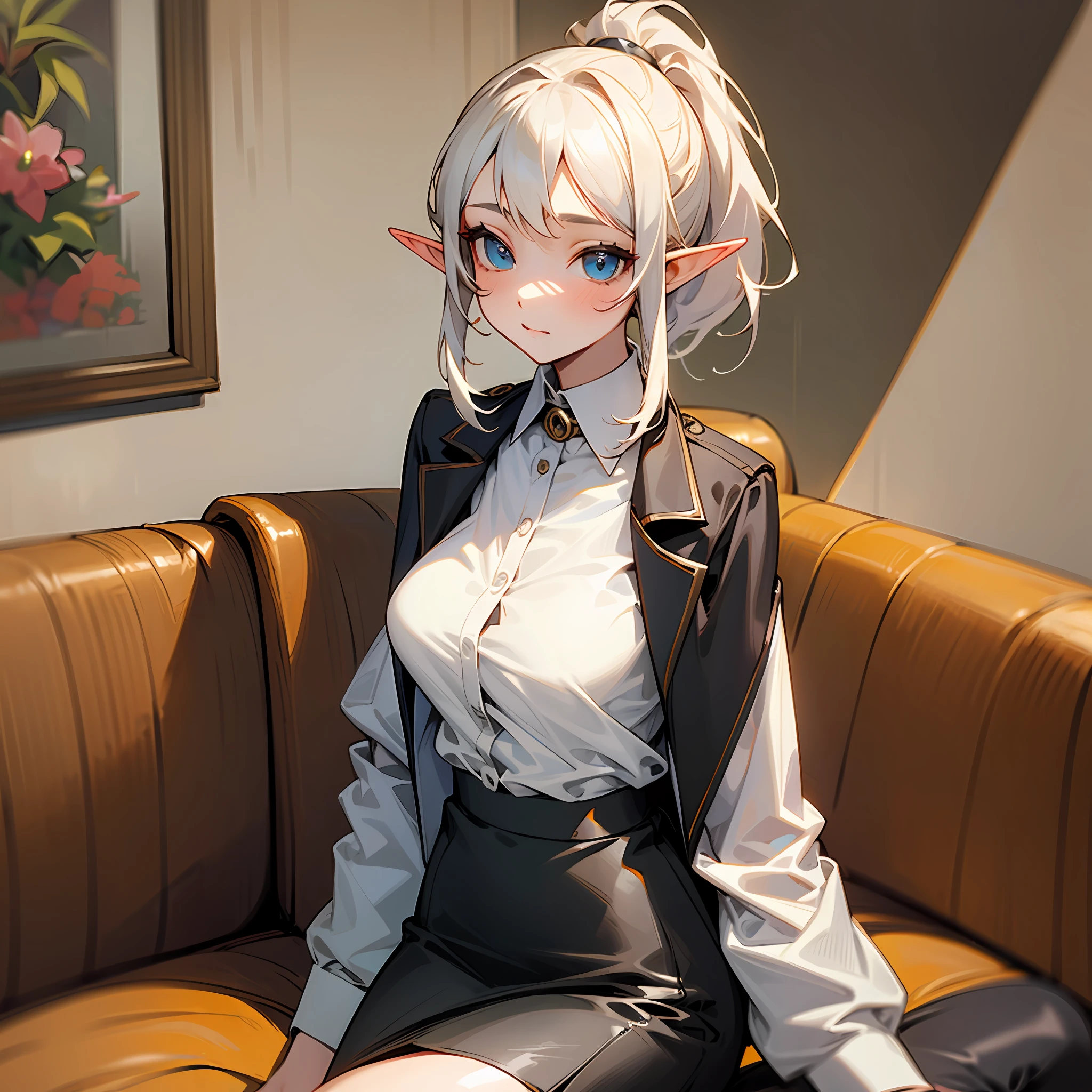 A pure girl, elf, suit top, white shirt, tight short skirt, high ponytail, sitting on a large sofa