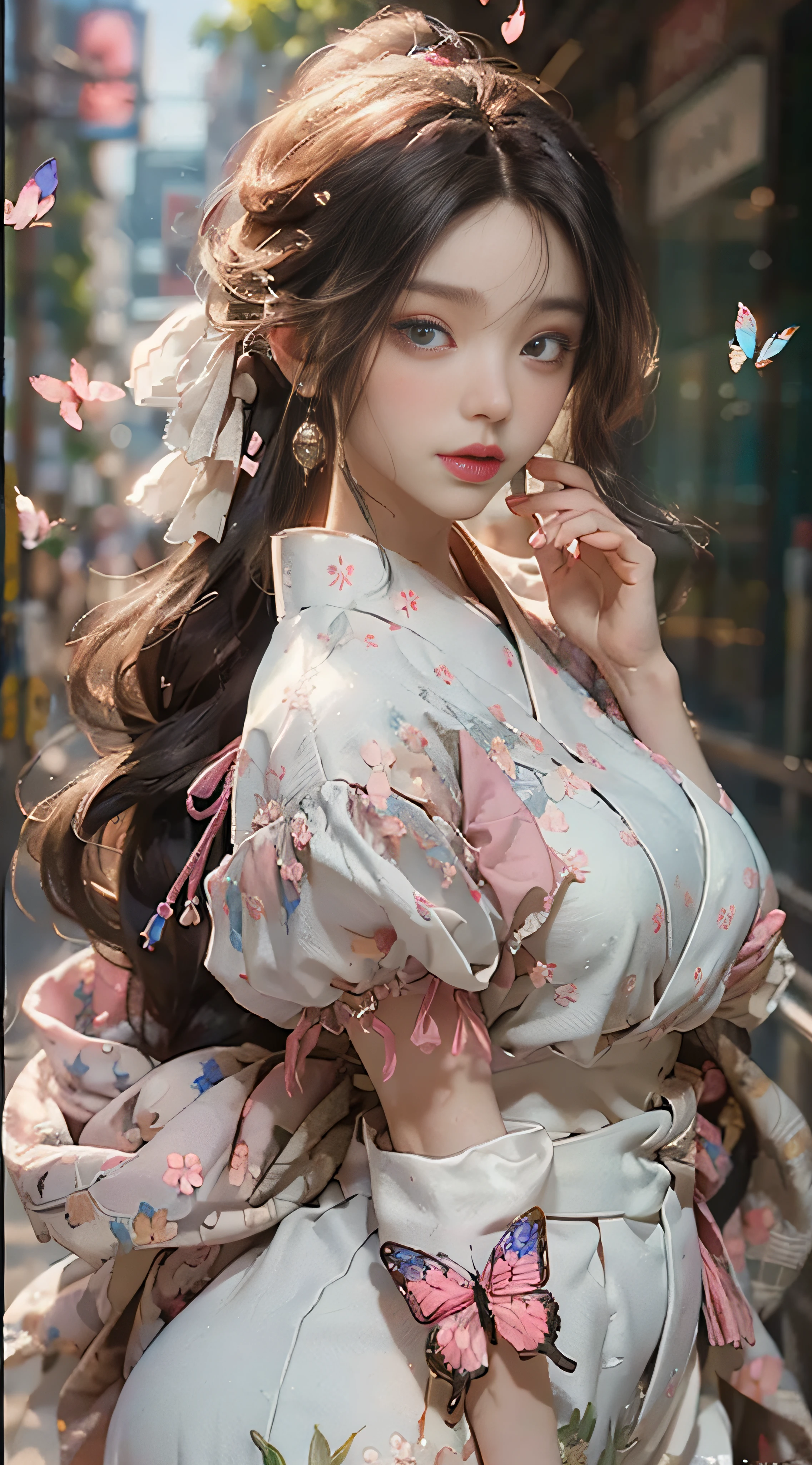 ((Best Quality)), ((Masterpiece)), (Detail: 1.4), 3D, Beautiful Cyberpunk Female Image, HDR (High Dynamic Range), Ray Tracing, NVIDIA RTX, Super Resolution, Unreal 5, Subsurface Scattering, PBR Texture, Post-Processing, Anisotropic Filtering, Depth of Field, Maximum Sharpness and Sharpness, Multi-layer Texture, Albedo and Highlight Mapping, Surface Coloring, Mitsu-Accurate Simulation of Material Interactions, Perfect Proportions, Octane Rendering, Two-color Light, Large Aperture, Low ISO, white balance, regular three-point, 8K RAW, beautiful bright pupils, flowing robe, fine pupils, delicate face and eyes, long eyelashes, blush, fluffy hair, pink lips, pure, cute, sweet girl, cherry blossom petals falling, butterflies, casual wear, high-end sense